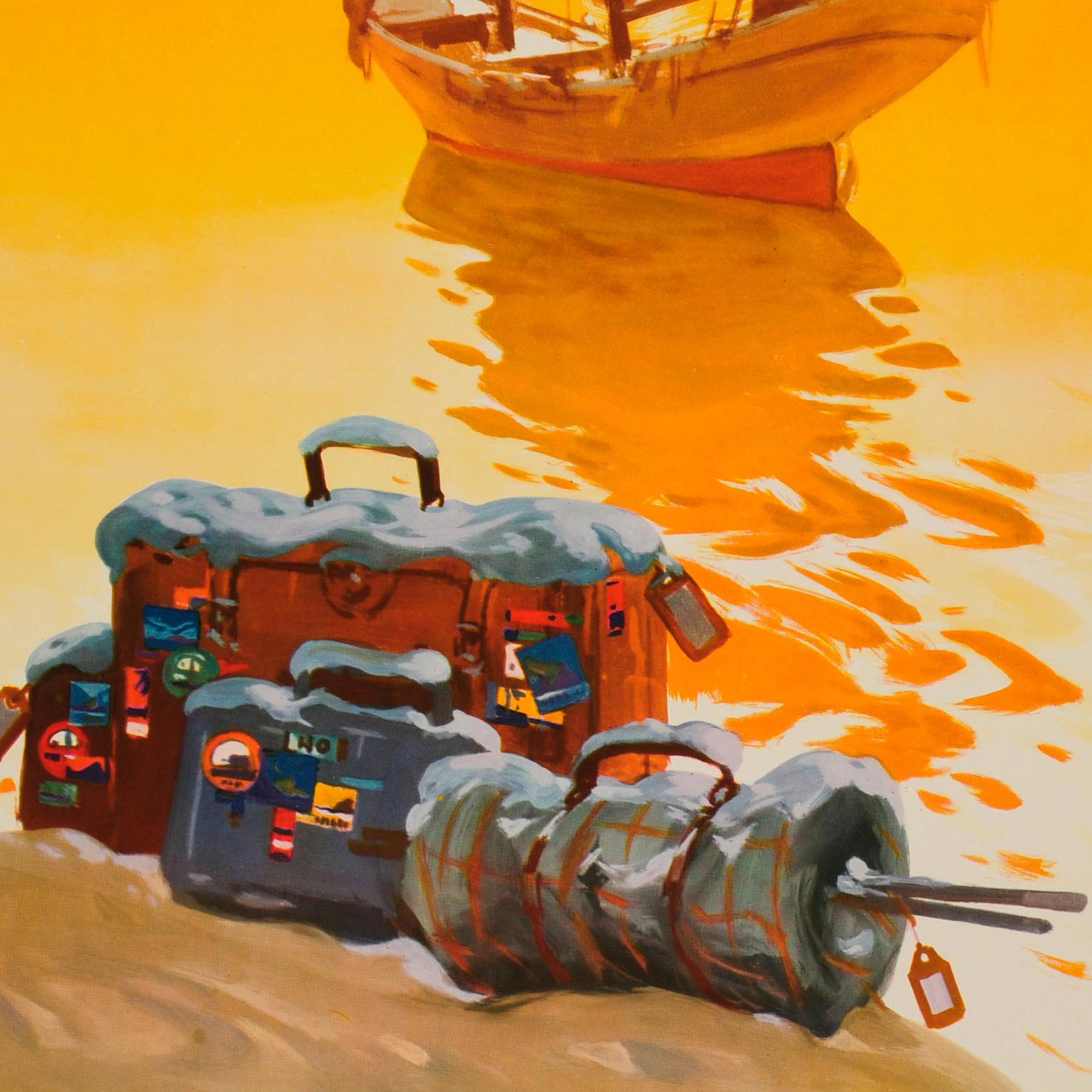 Originale manifesto ferroviario d'epoca spagnolo che promuove le vacanze invernali al mare in Spagna - Vacances d'Hiver a la Mer / Vacanze invernali al mare - con una splendida immagine nei toni del giallo e dell'arancione di una barca a vela che si