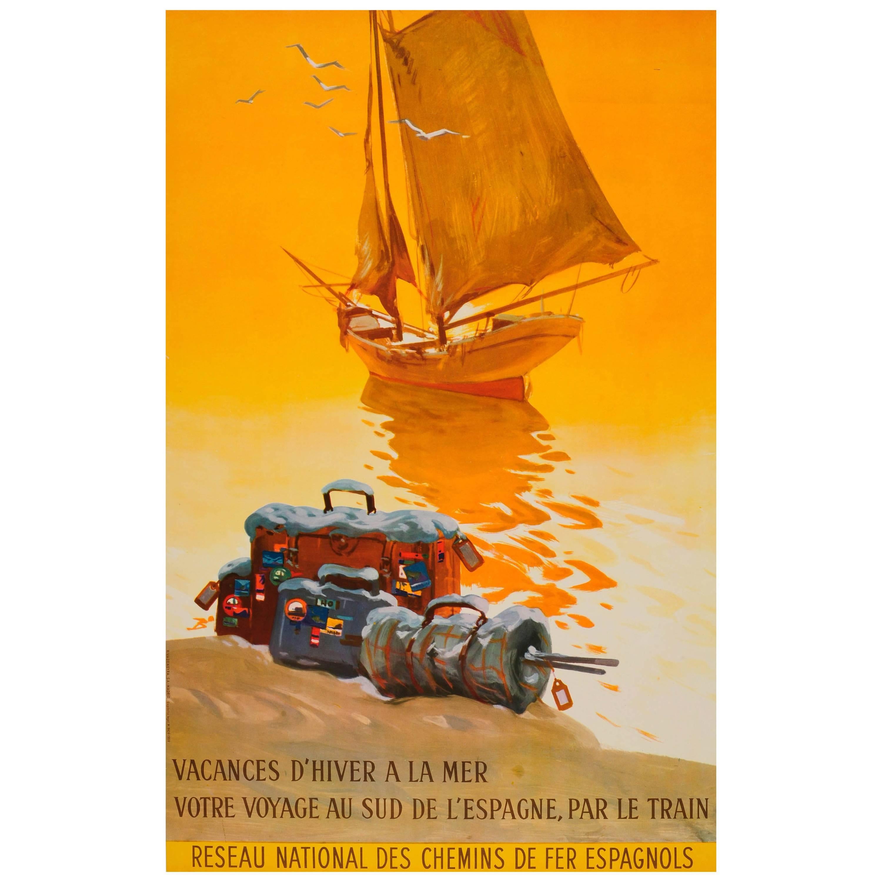 Affiche rétro originale de voyage en chemin de fer pour les vacances d'hiver en mer en Espagne