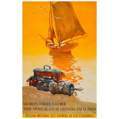 Original Vintage Railway Travel Poster for Winter Holidays by the Sea in Spain