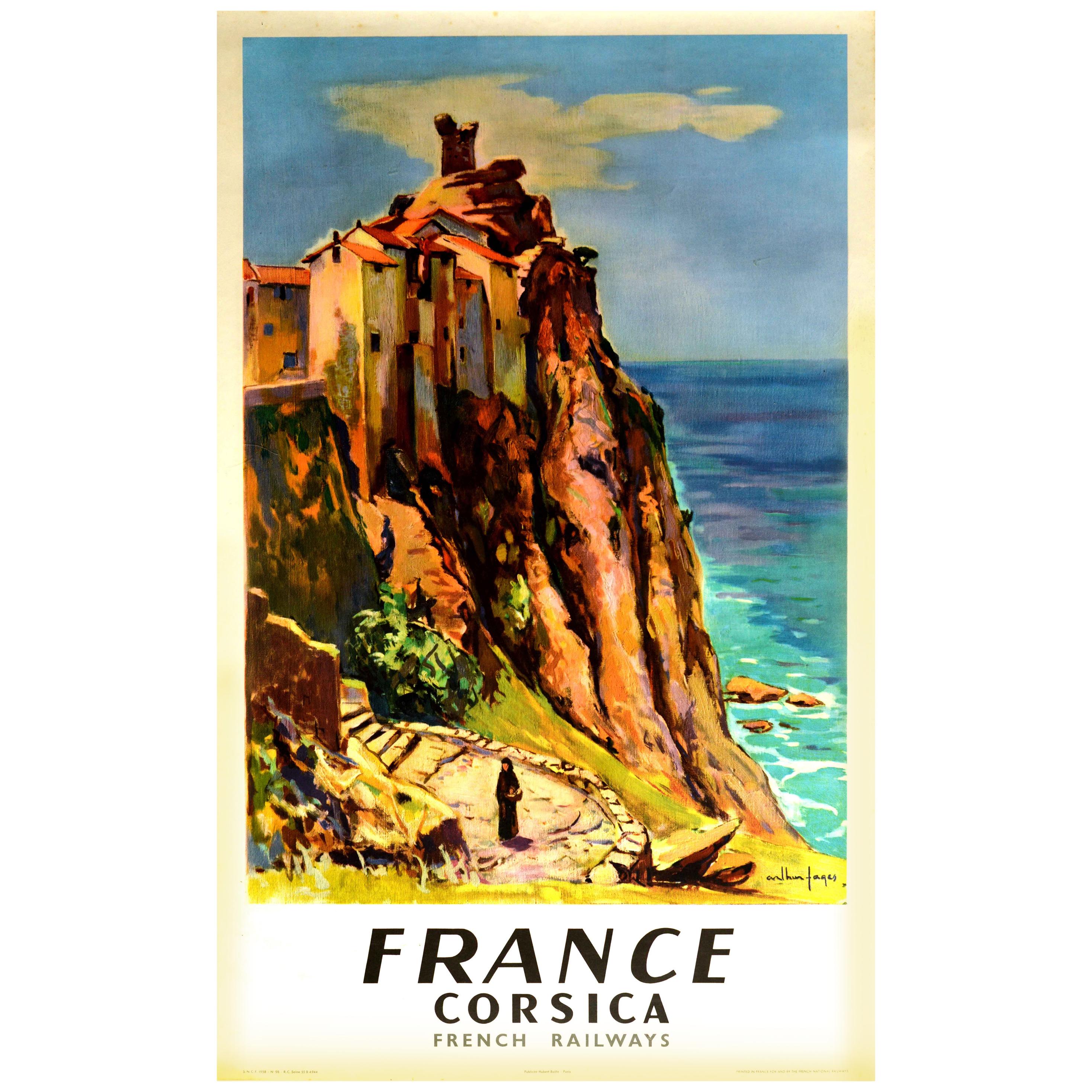 Cartel original de época de viajes en tren Francia Córcega Mar Mediterráneo Isla