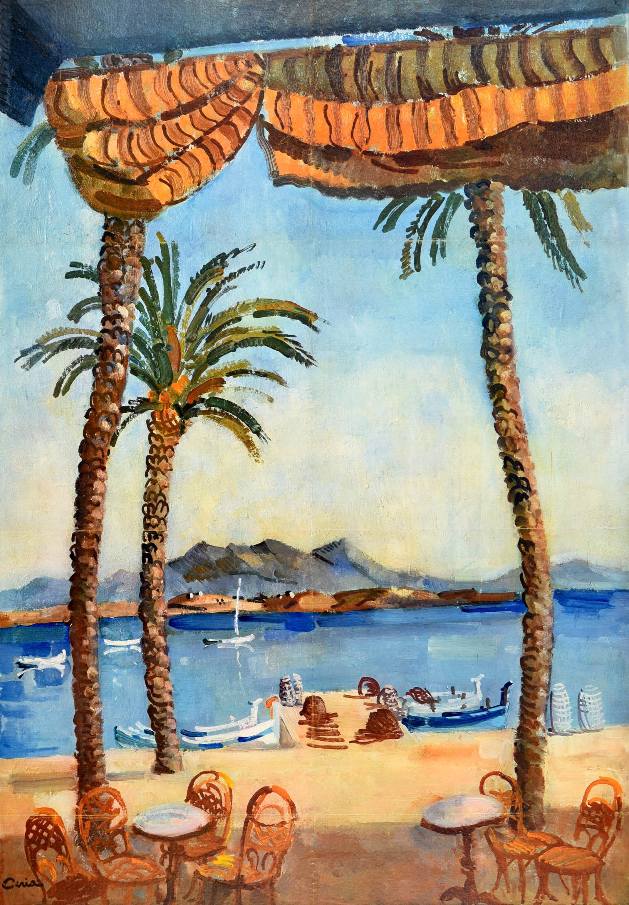Original vintage SNCF railway travel poster for the Cote d'Azur / French Riviera on the Mediterranean coast featuring a scenic view by the French painter Edmond Ceria (1884-1955) towards hills on the horizon with sailing boats at sea and boats