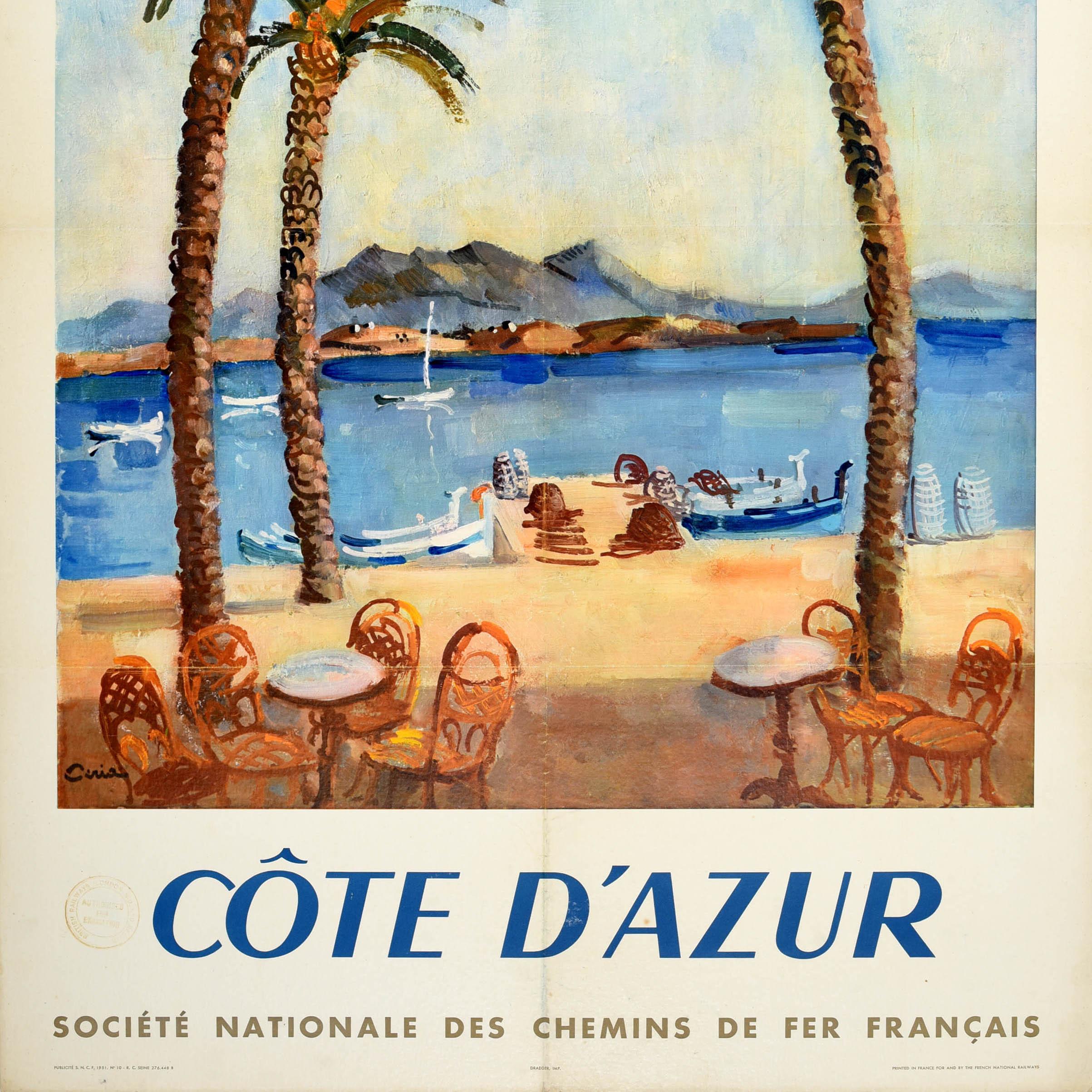 Mid-20th Century Original Vintage Railway Travel Poster French Riviera Cote d'Azur Ceria SNCF Art For Sale