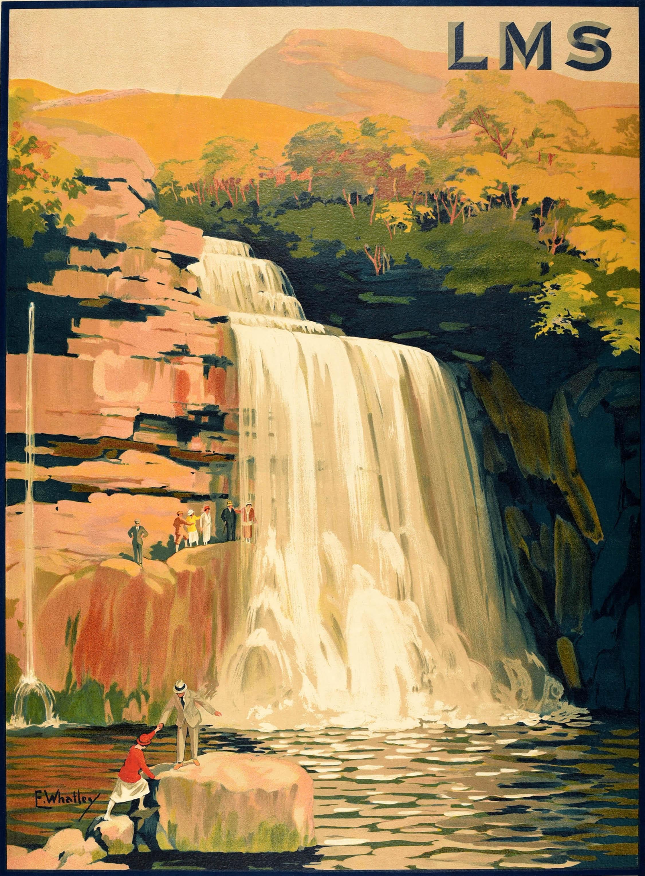 Original vintage travel poster issued by the London, Midland & Scottish Railway LMS - Ingleton The Land of Waterfalls Newly Discovered Caverns - featuring a stunning image of Thornton Falls on the Ingleton Waterfalls Trail depicting a gentleman