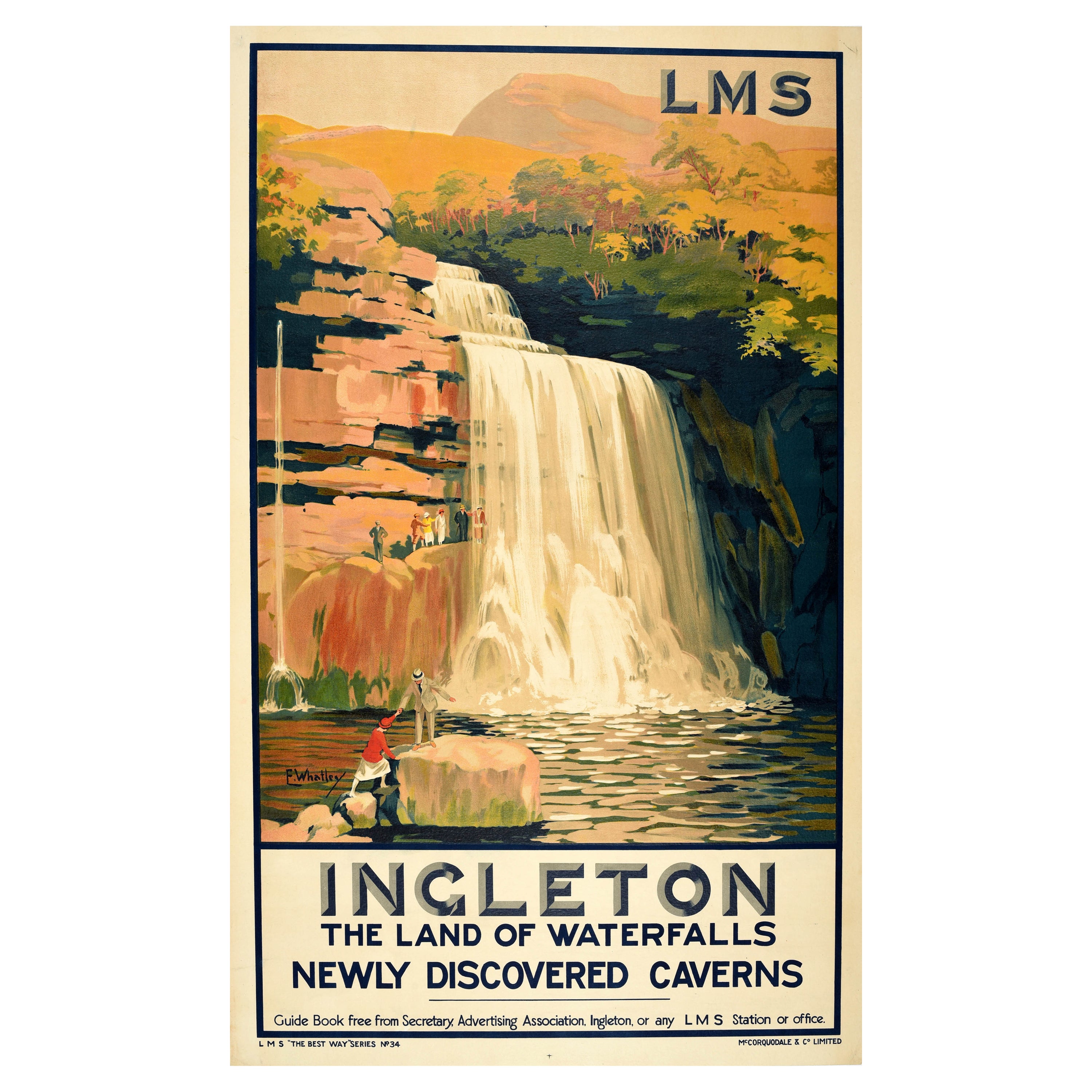 Poster di viaggio ferroviario originale d'epoca Ingleton Land Of Waterfalls LMS Whatley
