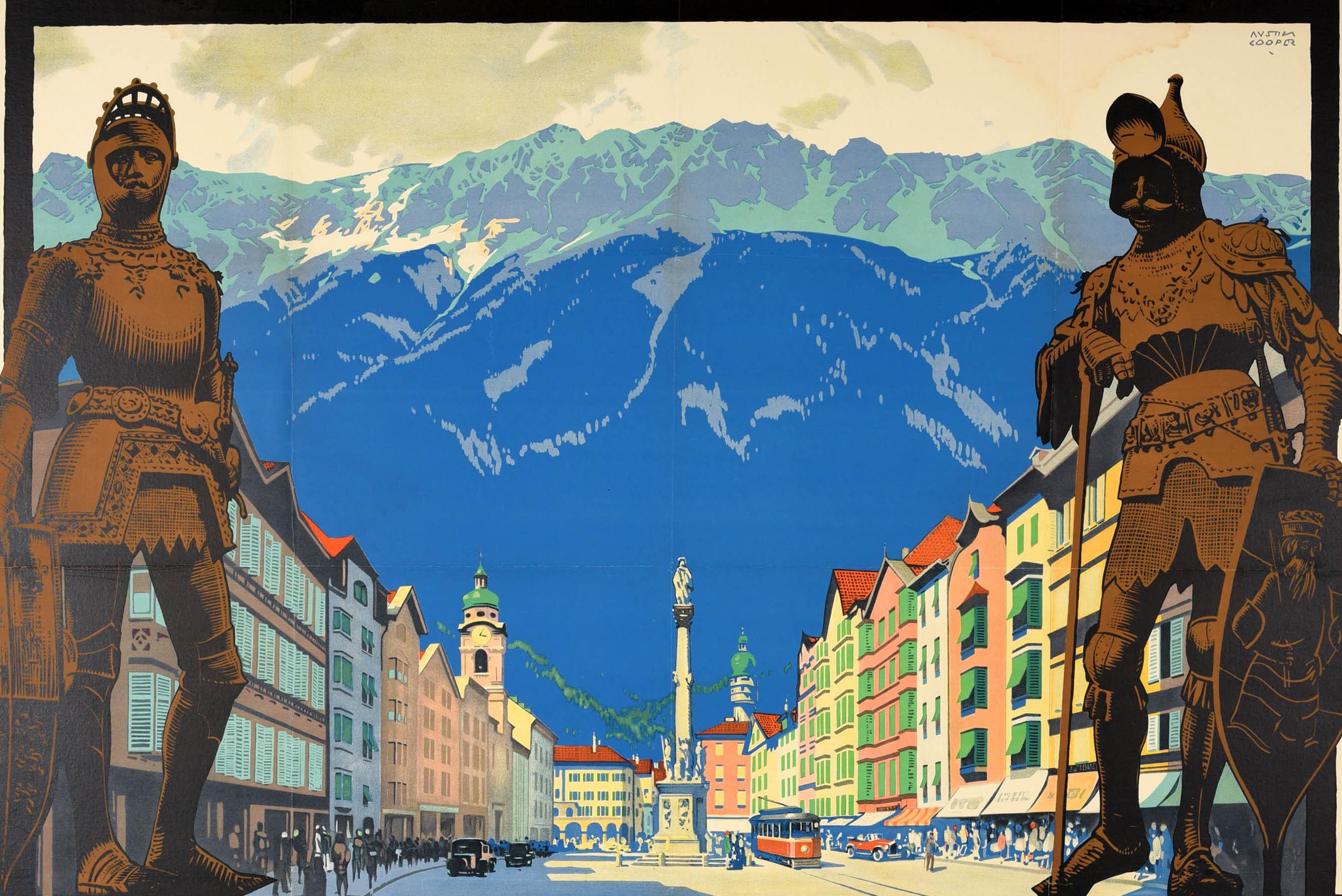 Original vintage railway travel poster - Innsbruck via Harwich twice a day - featuring a scenic view along a street lined with buildings and people in the sunshine walking along the pavements under the shop awnings, a tram and classic cars on the