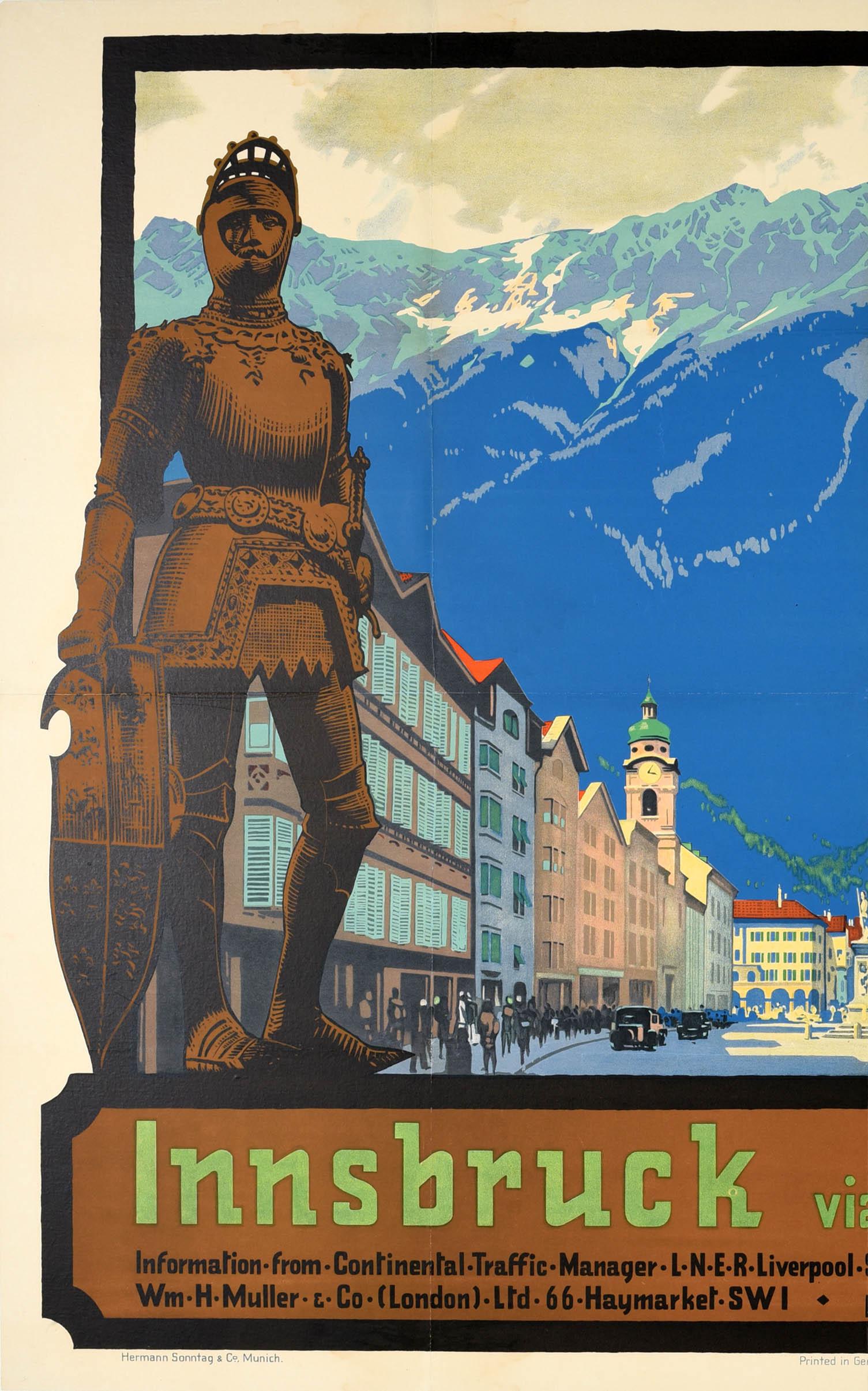 German Original Vintage Railway Travel Poster Innsbruck Via Harwich LNER Austin Cooper