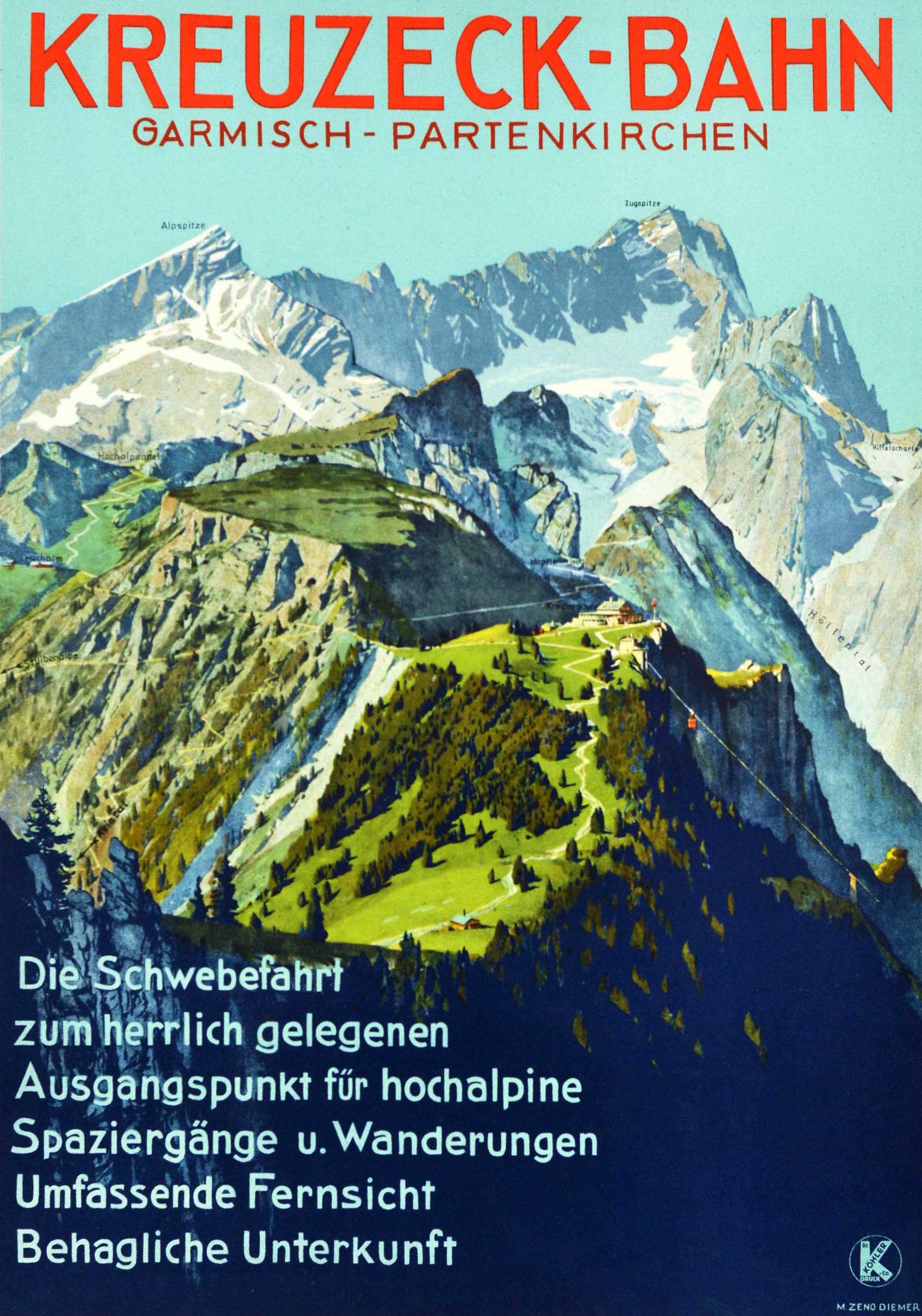 Original vintage railway travel poster advertising the Kreuzeck-Bahn Garmisch-Partenkirchen cable car service (opened 1926) in the alps mountain range of Bavaria Germany featuring a view of trees and the station on a rocky mountain with the snowy