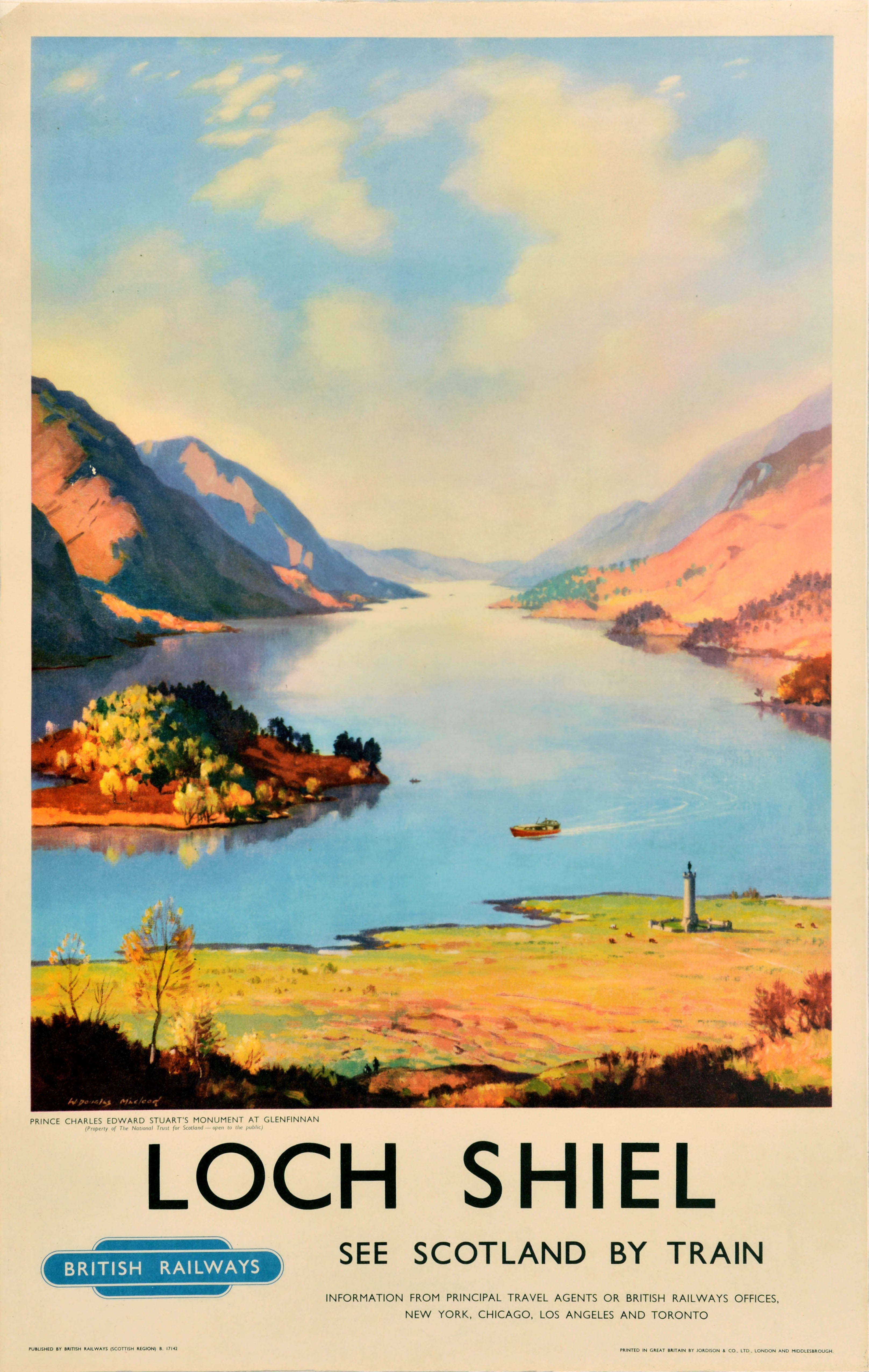 Poster di viaggio ferroviario originale d'epoca Loch Shiel Scozia in treno MacLeod