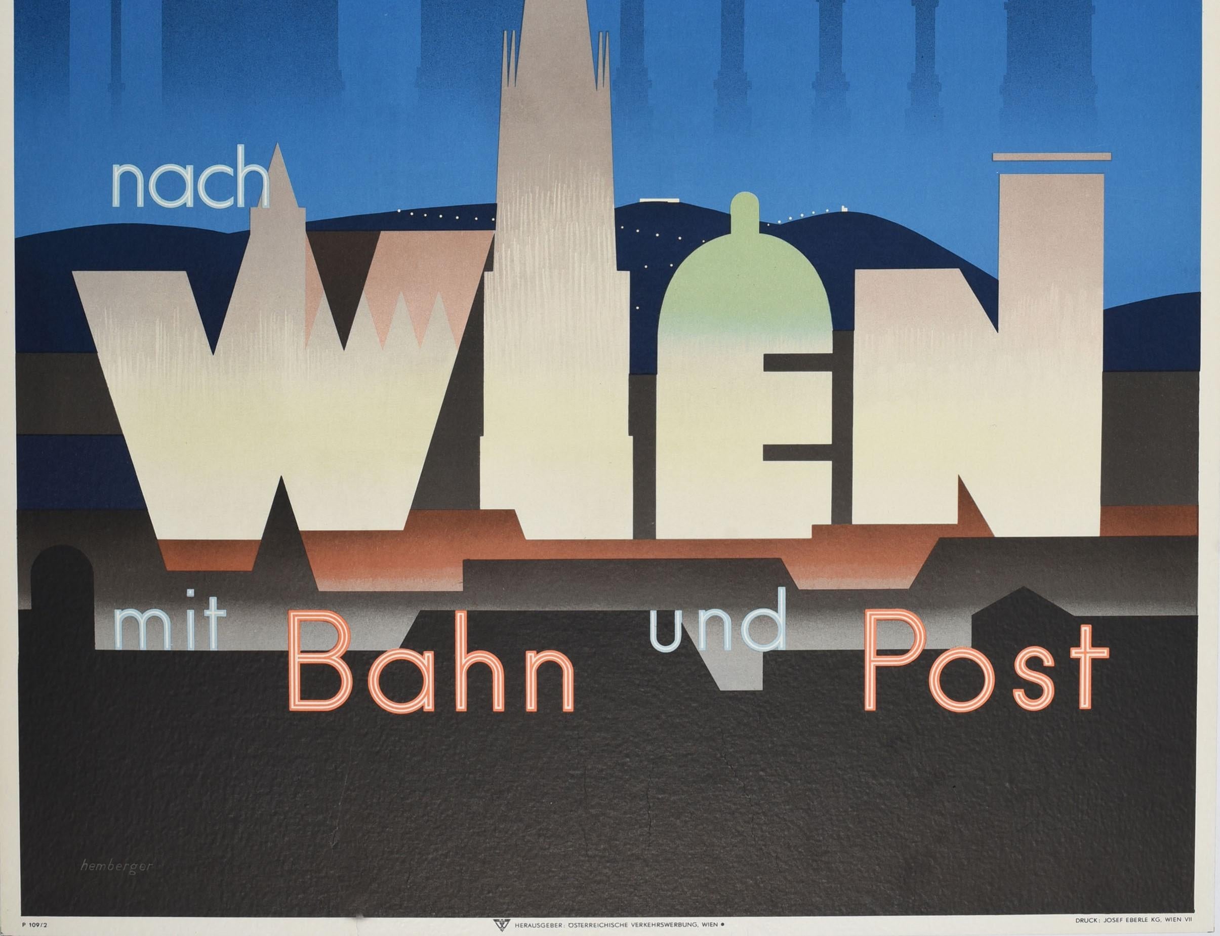 Autrichien Affiche rétro originale de voyage en chemin de fer Nach Wien, conception de la ville de Vienne en vente
