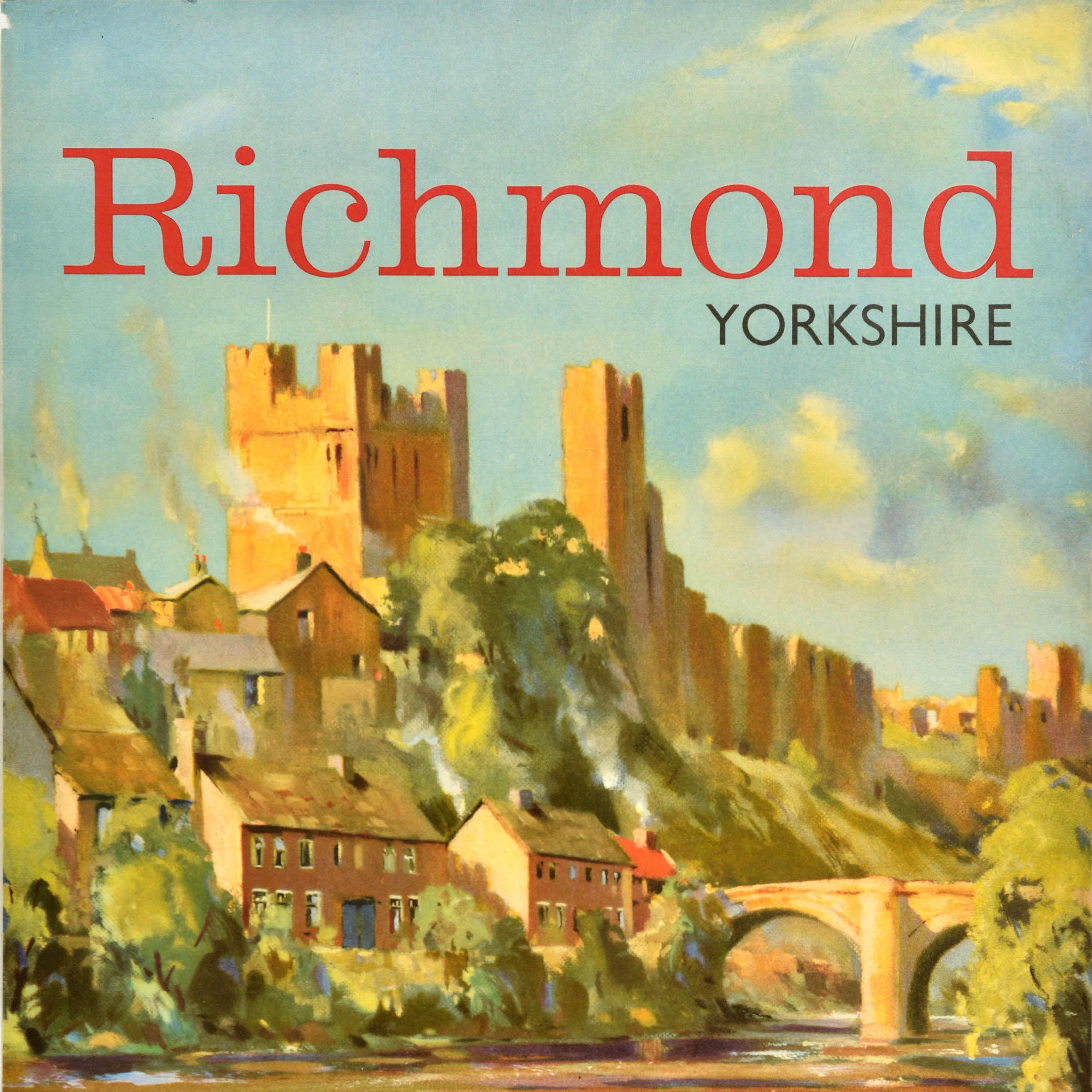 Original vintage railway travel poster advertising Richmond Yorkshire featuring a painting by Edward Wesson (1910-1983) of the historic Richmond Castle on a hill with trees and houses, smoke rising from their chimneys, leading down to the River
