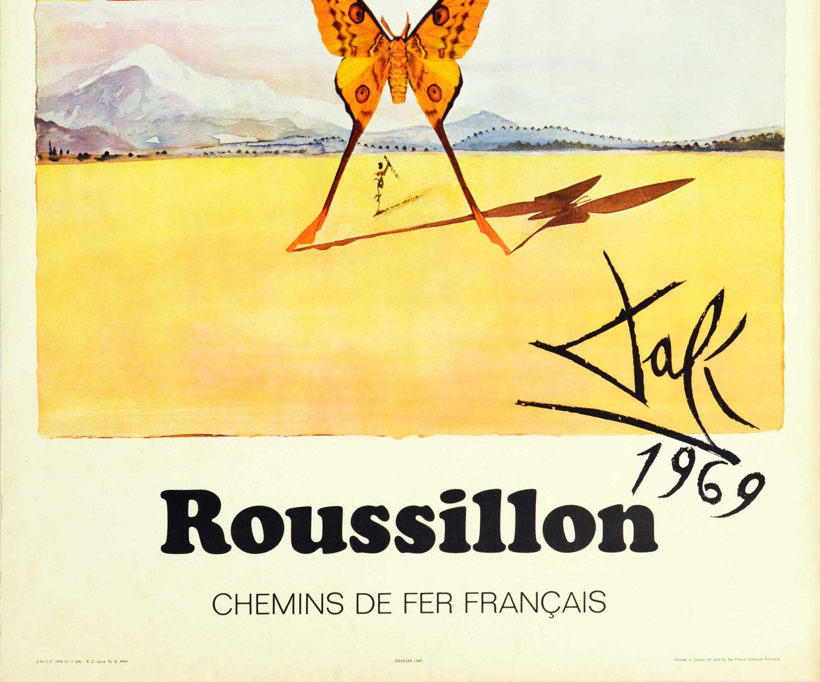 French Original Vintage Railway Travel Poster Roussillon Dali Surrealism Butterfly Art