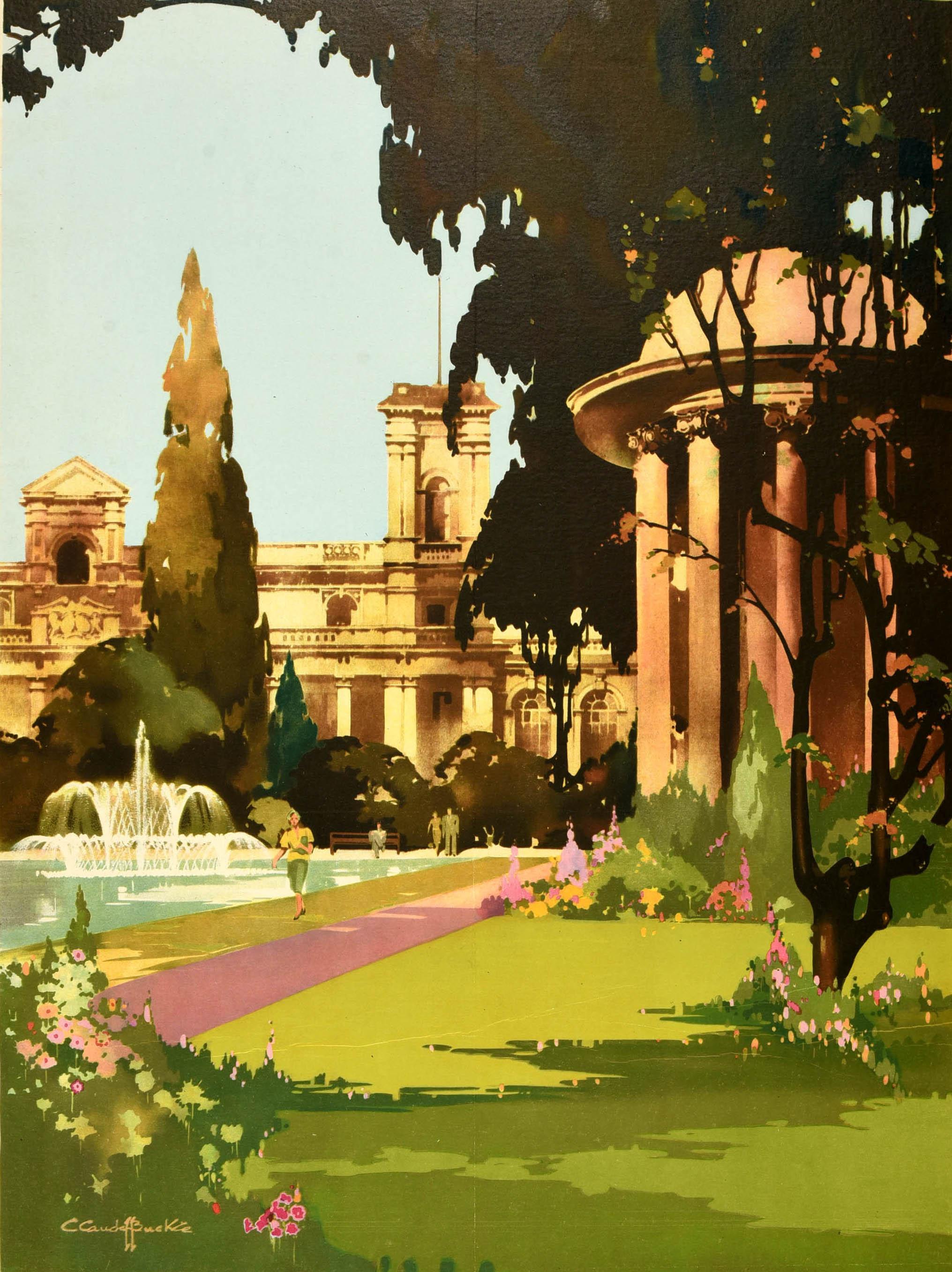 Original vintage travel poster for Royal Leamington Spa issued by British Railways featuring a great design by Claude Henry Buckle (1905-1973) depicting the Jephson Gardens Victorian formal park on the parade with people walking around the fountain