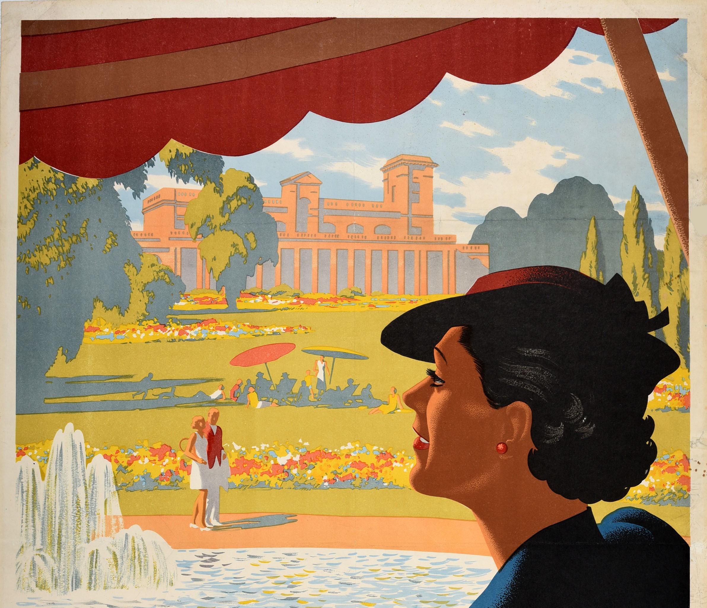 Original vintage GWR travel poster for Royal Leamington Spa issued by Great Western Railway featuring a stunning Art Deco design by Ronald George Lampitt (1906-1988) depicting a smartly dressed lady drinking a glass of water under the shade of a