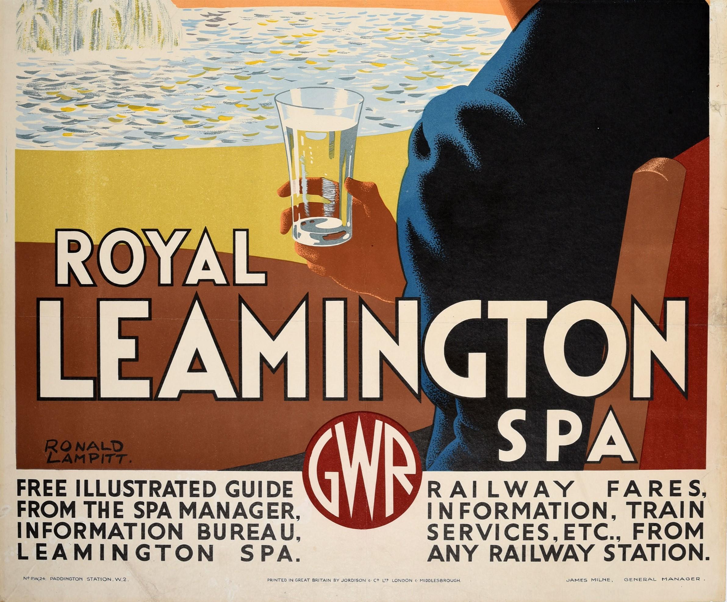 Art déco Affiche rétro originale de voyage en chemin de fer Royal Leamington Spa, GWR, Jephson Gardens en vente