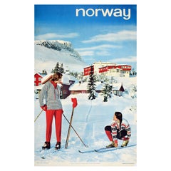 Original-Vintage-Reiseplakat, Eisenbahn, Ski, Norwegen, Wintersport, Berg, Ski