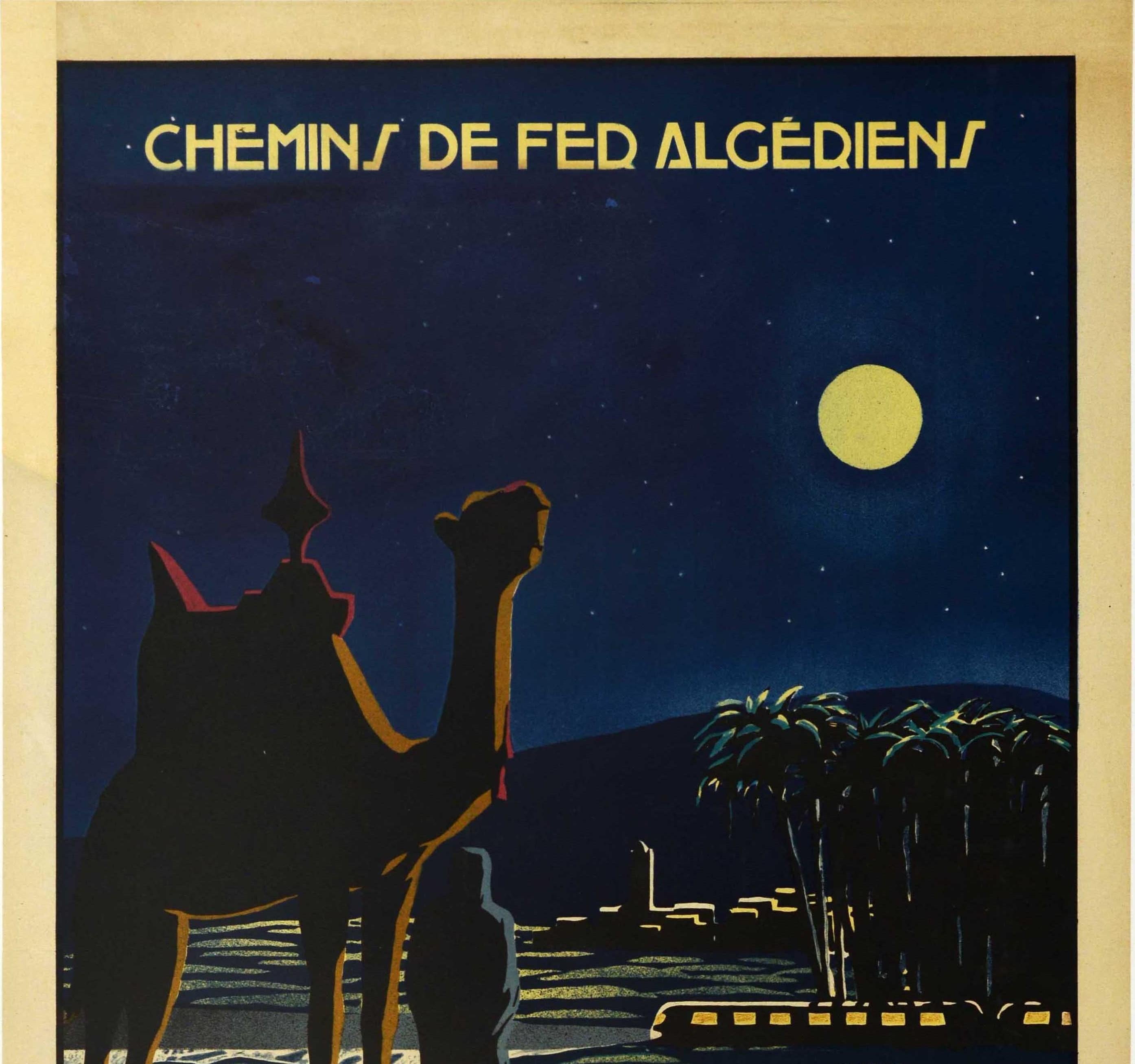 Original vintage Algerian railway travel poster - Chemins de Fer Algeriens Le Sud Algerien Nuit Saharienne / South Algerian Sahara Night - featuring a stunning romantic illustration of a Berber in traditional clothing and a camel standing on moonlit