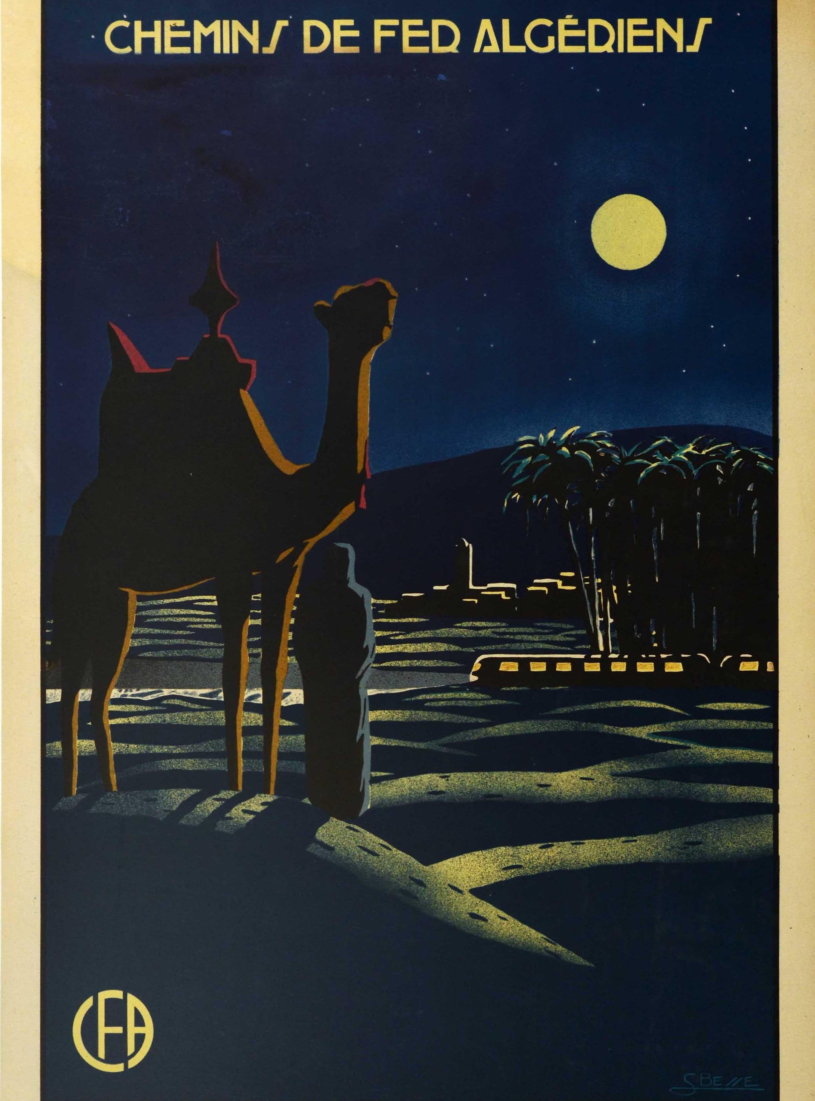 Art Deco Original Vintage Railway Travel Poster South Algerian Sahara Night Desert Oasis
