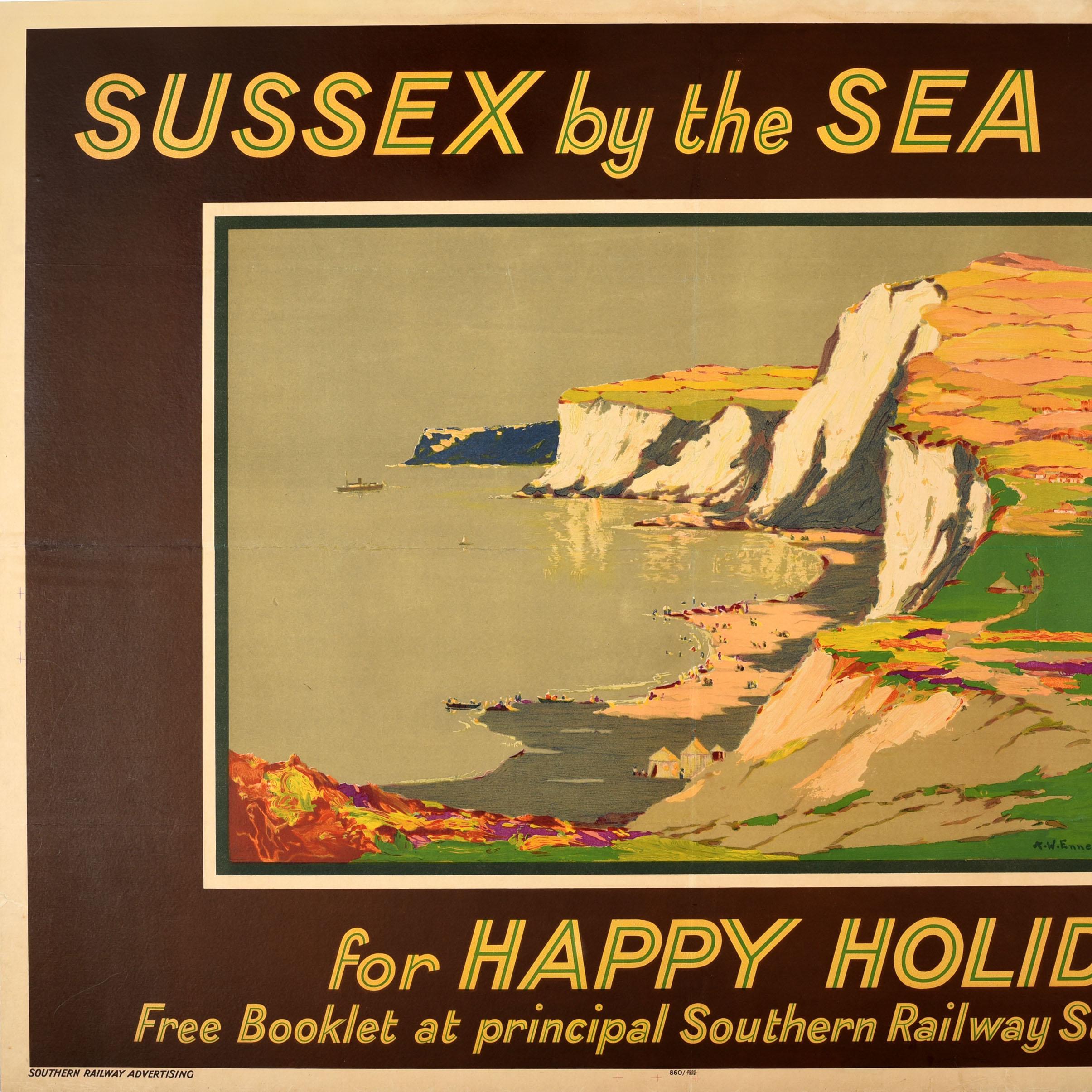 British Original Vintage Railway Travel Poster Sussex Sea Happy Holidays Cliffs Beach