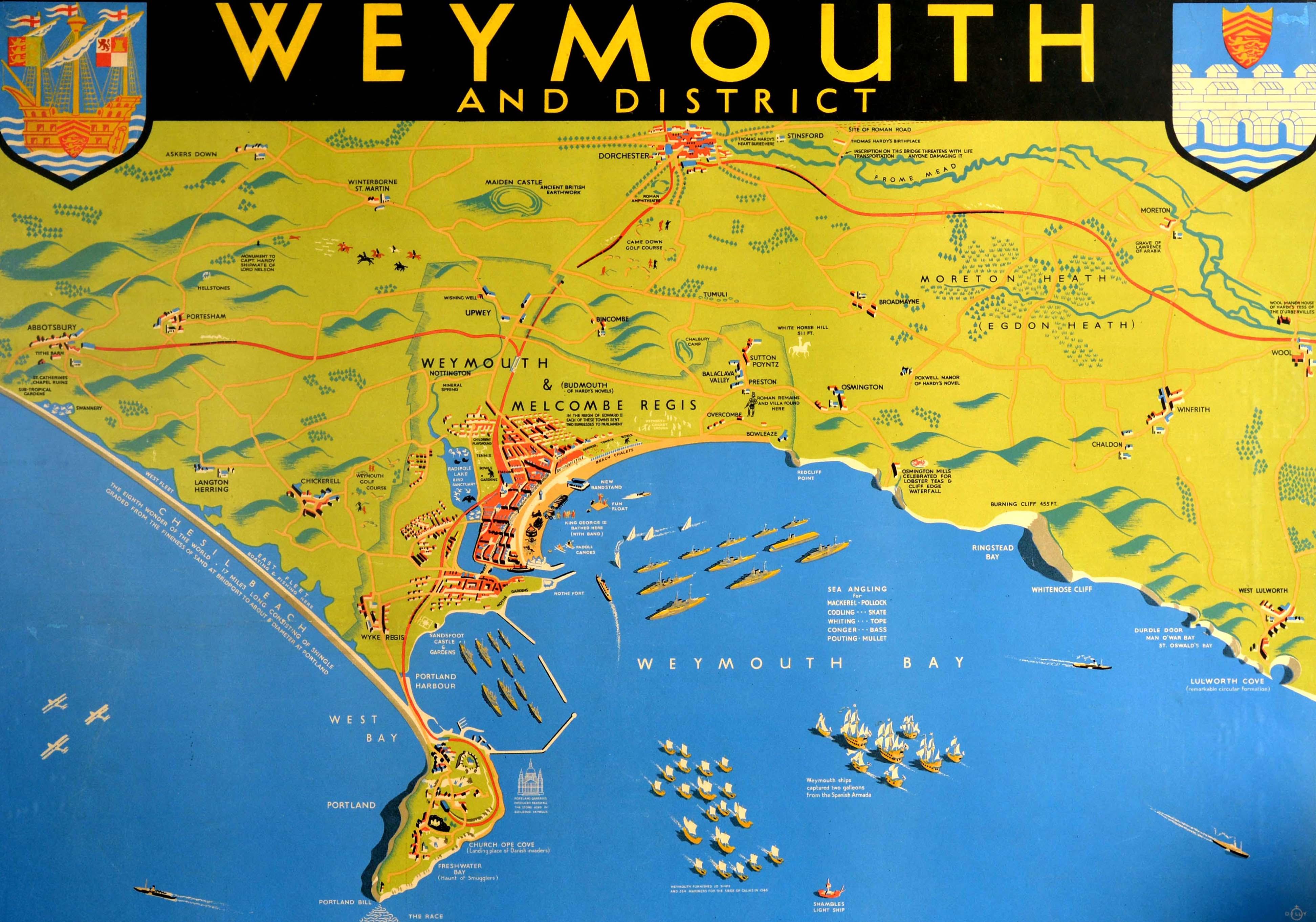 Original vintage railway travel poster advertising Weymouth and District Frequent Express Trains and Cheap Fares GWR Great Western Railway SR Southern Railway featuring a pictorial map of Weymouth and Melcombe Regis with significant locations and