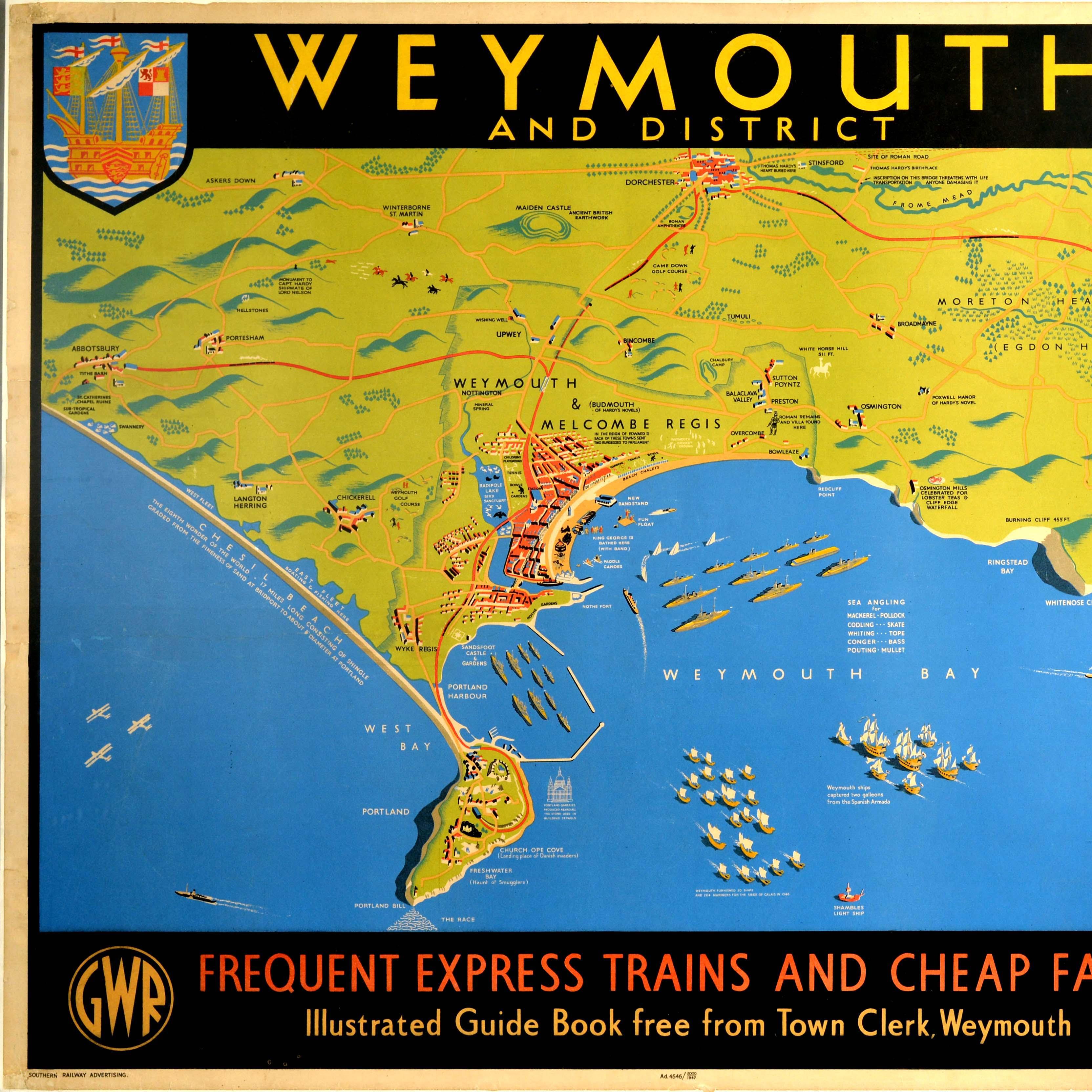 British Original Vintage Railway Travel Poster Weymouth GWR SR Railway Map Express Train For Sale