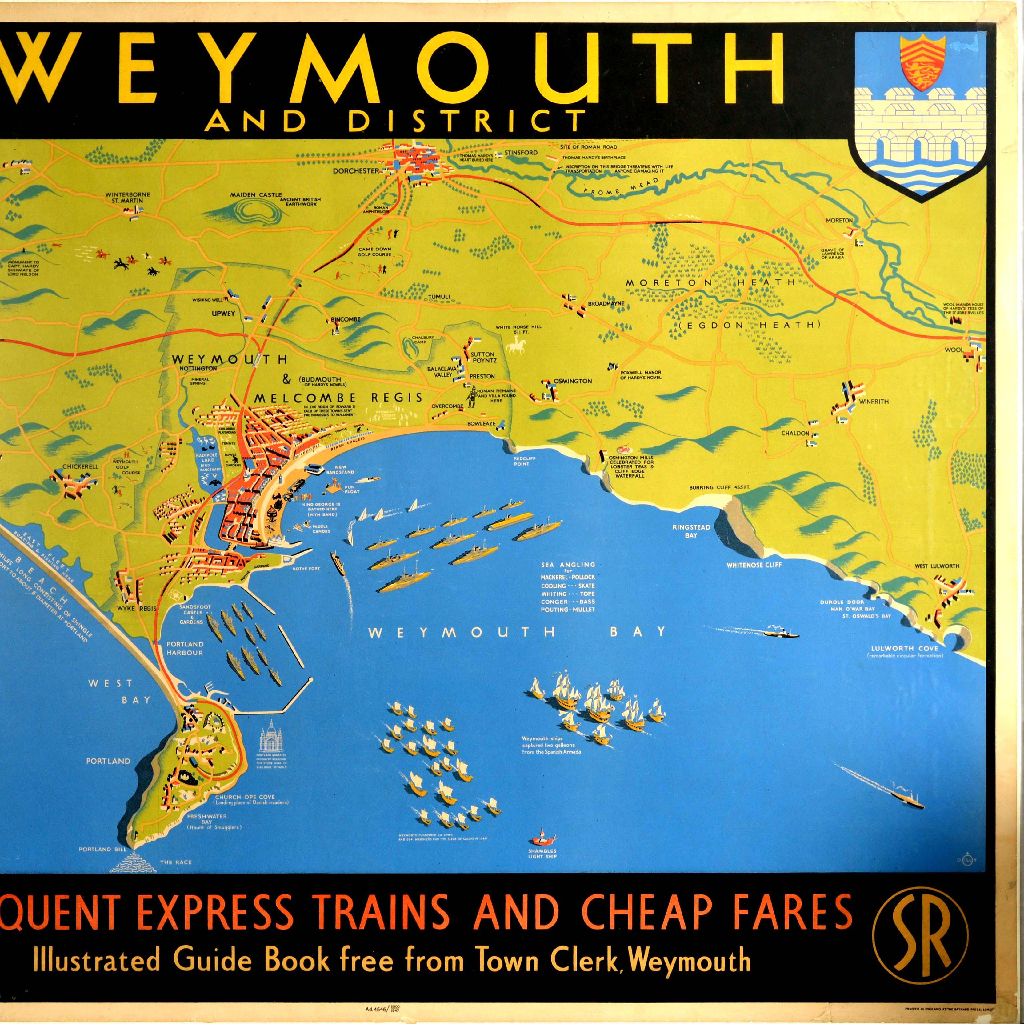 Original Vintage Railway Travel Poster Weymouth GWR SR Railway Map Express Train In Good Condition For Sale In London, GB