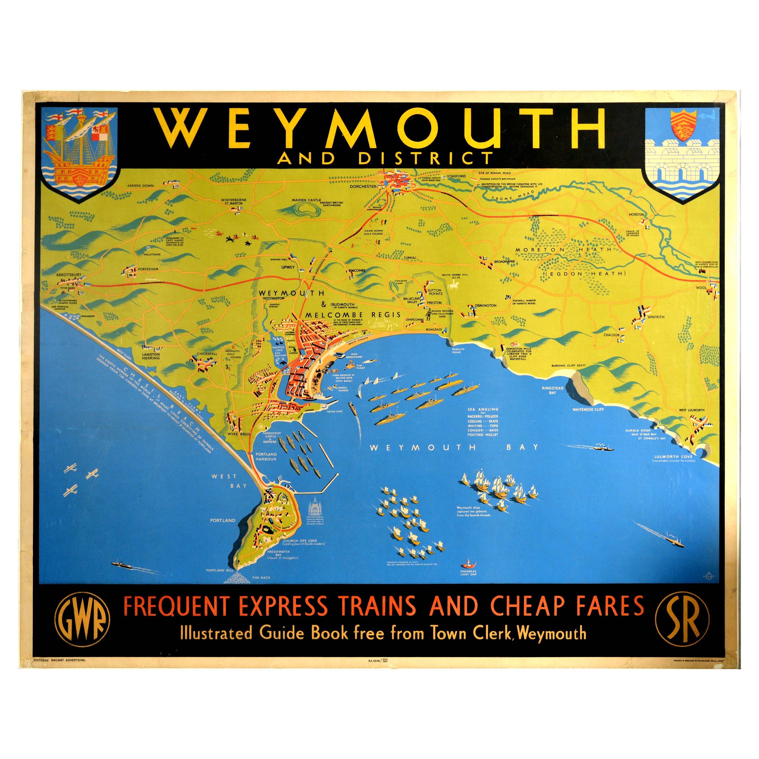 Original Vintage Railway Travel Poster Weymouth GWR SR Railway Map Express Train