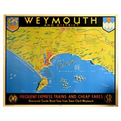 Original Vintage Railway Travel Poster Weymouth GWR SR Railway Map Express Train