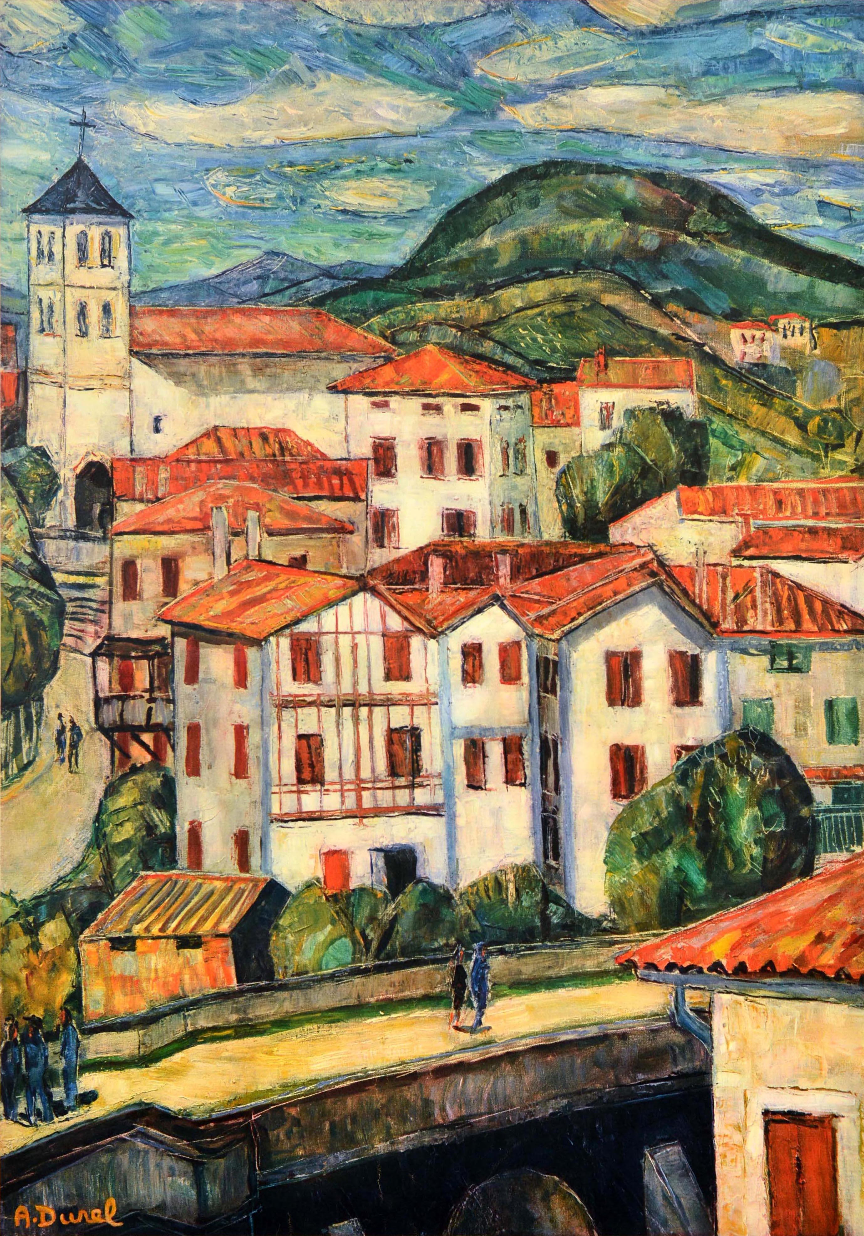 Original vintage railway travel poster - The Basque Country Discover France by Train French National Railroads - issued by the state owned French railways (SNCF Societe Nationale des Chemins de Fer Francais; founded 1938) featuring an illustration