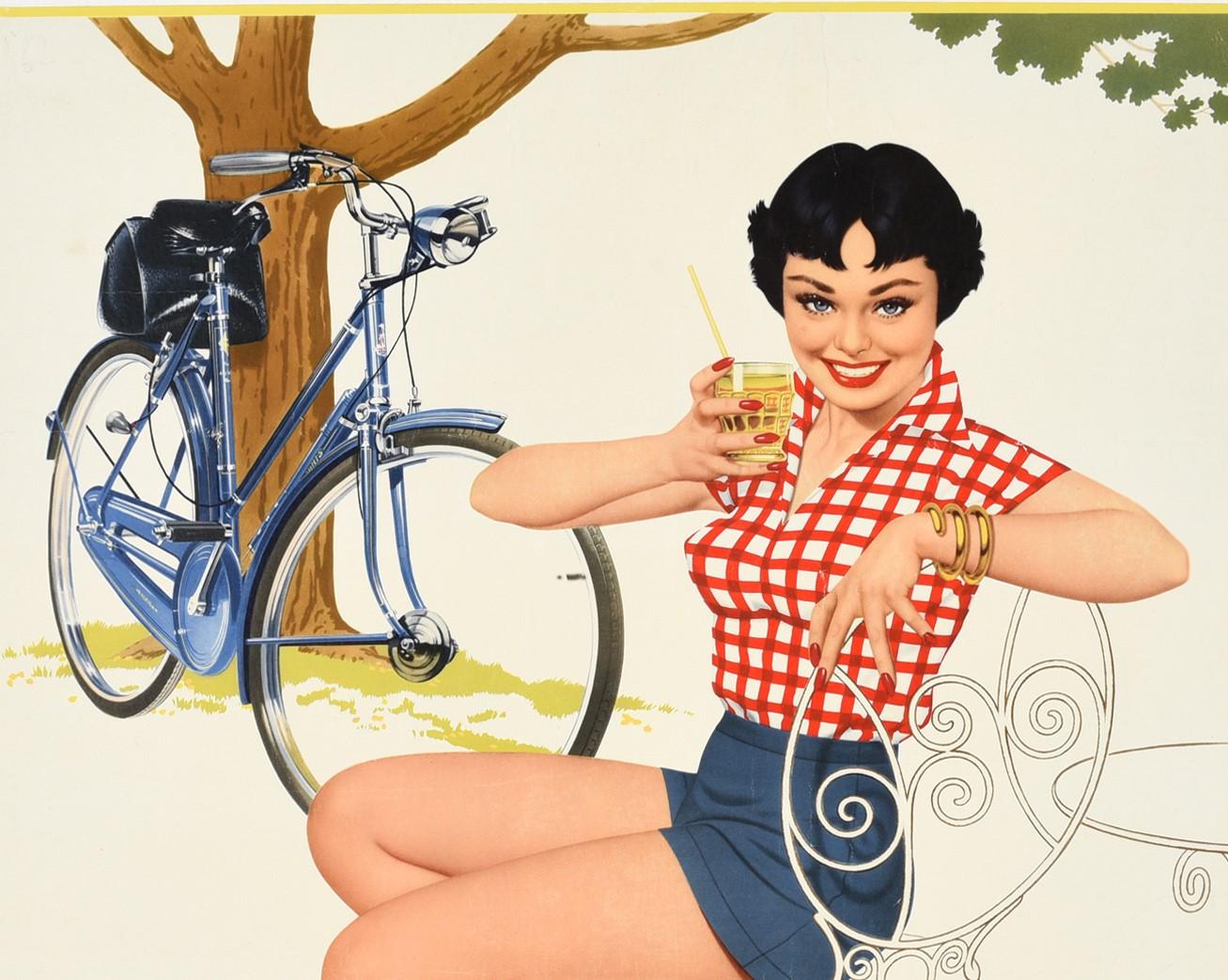 Original vintage midcentury advertising poster for Raleigh the all-steel bicycle featuring a great illustration by the pin up artist Dickens (1907-2004) depicting a smiling young lady wearing a blue mini skirt and a red chequered shirt, sitting on a