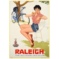 Original Retro Raleigh the All-Steel Bicycle Poster Midcentury Pin-Up Style Ad