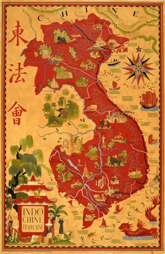 Original Vintage Rare Asia Poster IndoChine Francais Vietnam Lucien Boucher Map