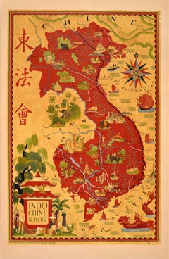 Original Vintage Rare Asia Poster IndoChine Francais Vietnam Lucien Boucher Map