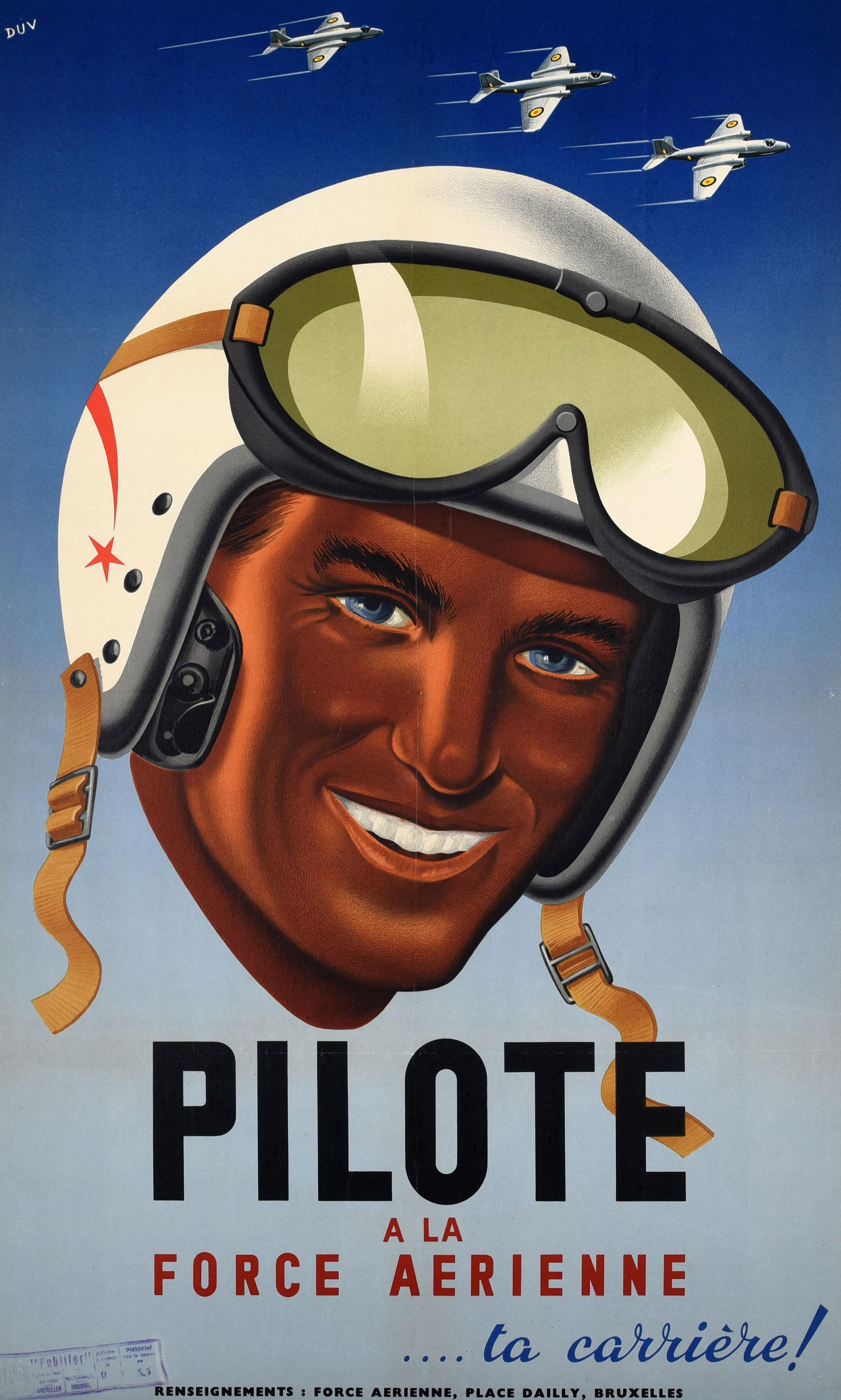Original vintage recruitment poster - Air Force Pilot ... Your Career / Pilote a la Force Aerienne ... ta carrière! Great design featuring a smiling man wearing a pilot's helmet and goggles with three military planes flying overhead on a blue
