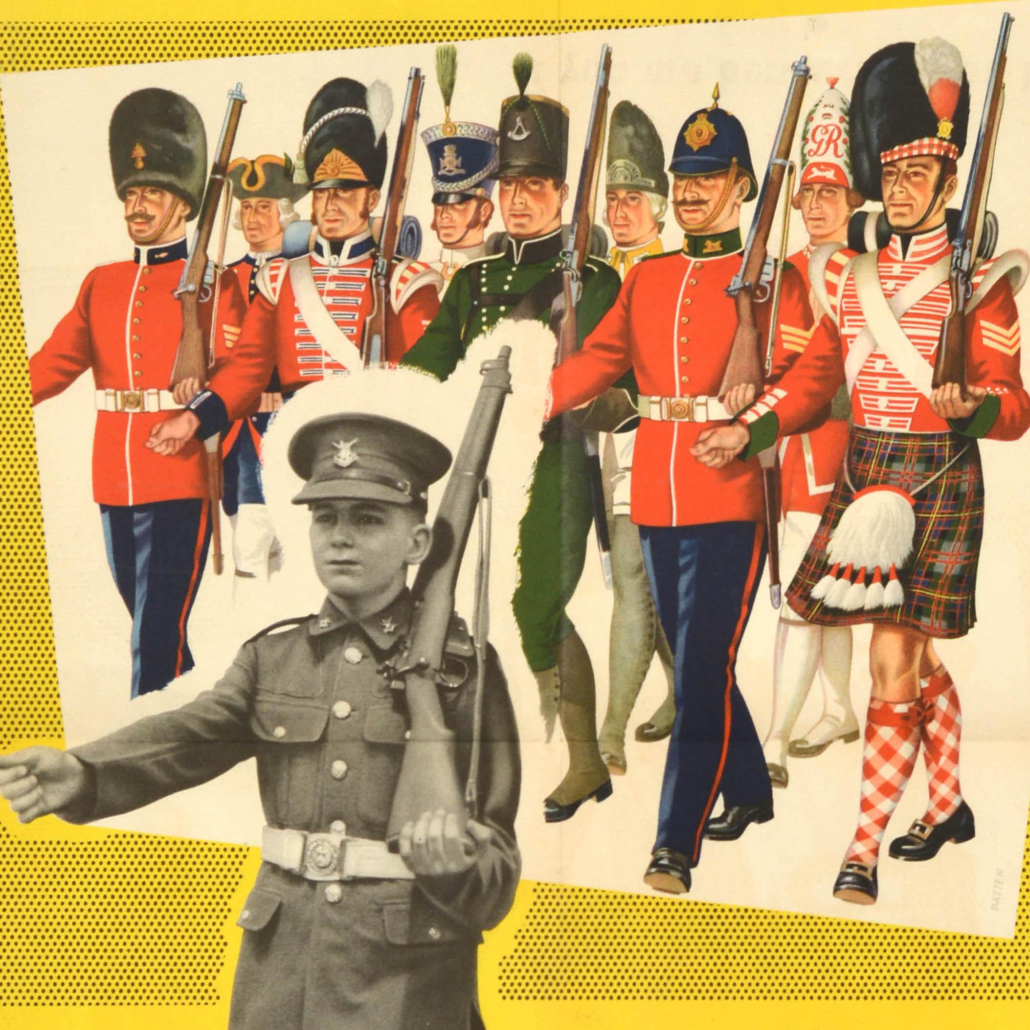 Original vintage recruitment poster - The Infantry Boys' Battalion The Path to Leadership - featuring an image of a young cadet in a uniform carrying a weapon over his shoulder with an illustration of uniformed soldiers in the background. Printed