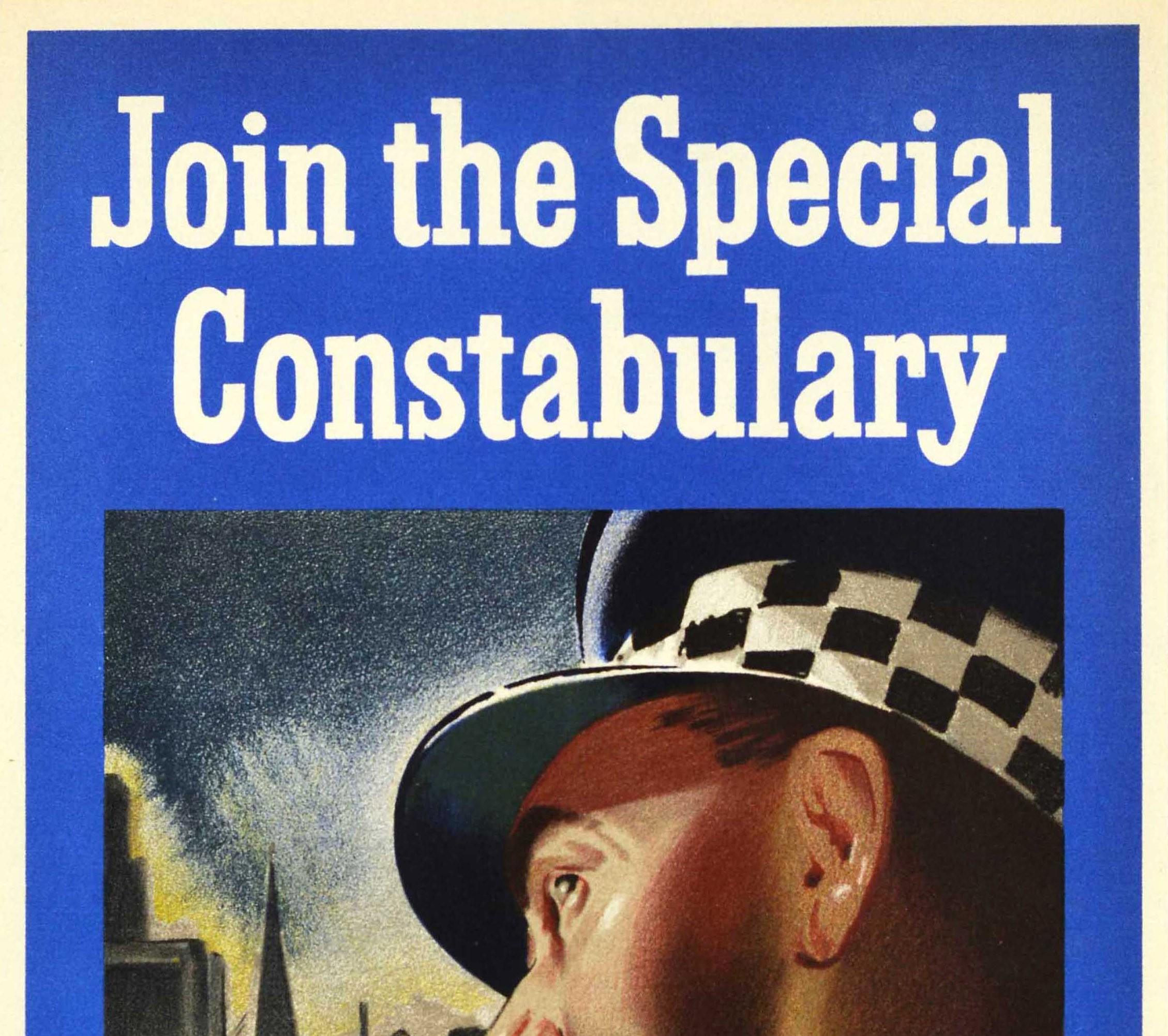 Original vintage recruitment poster - Join the Special Constabulary Ask at your local Police Station - featuring artwork depicting a man in uniform on a telephone with a red car driving below a street light and buildings in the background, the text