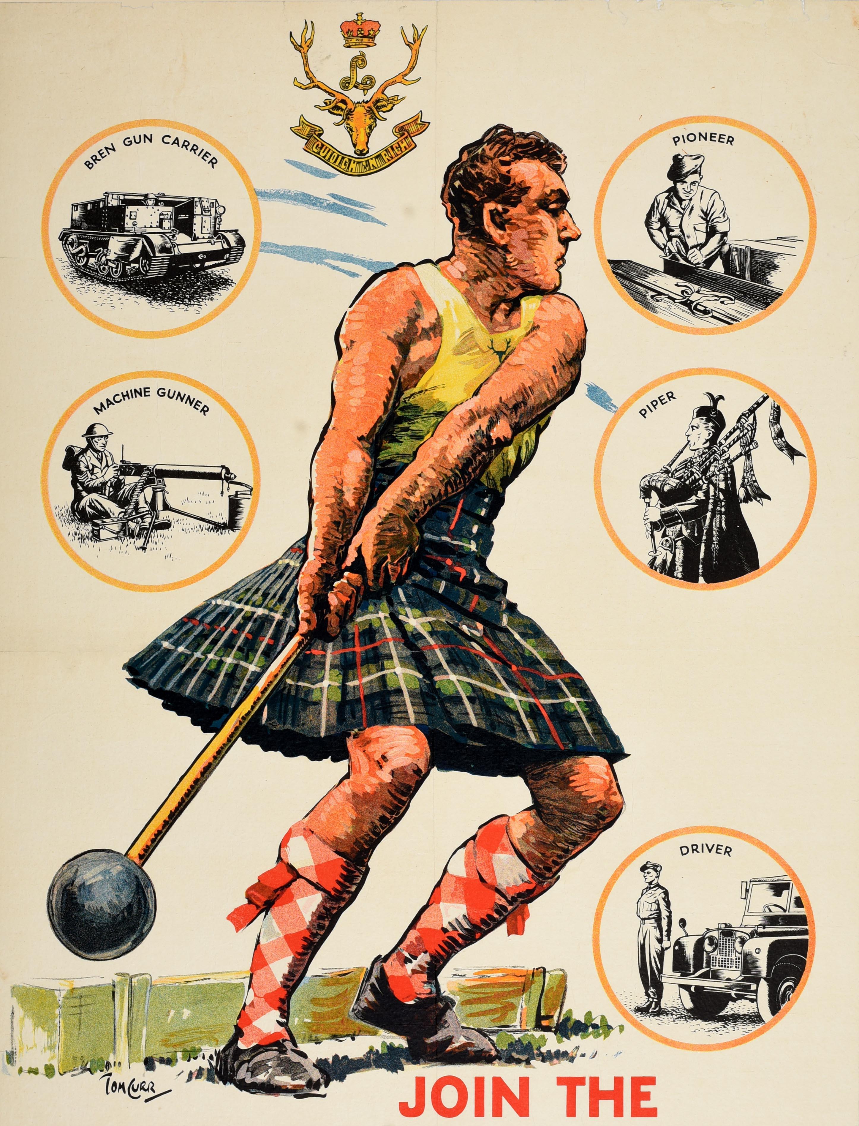 Poster originale d'epoca per il reclutamento militare - Join the Seaforth Highlanders Apply to the nearest Recruiting Office or to any Seaforth Highlanders Territorial Drill Hall - con un grande disegno sportivo di Tom Curr (1887-1958) che raffigura