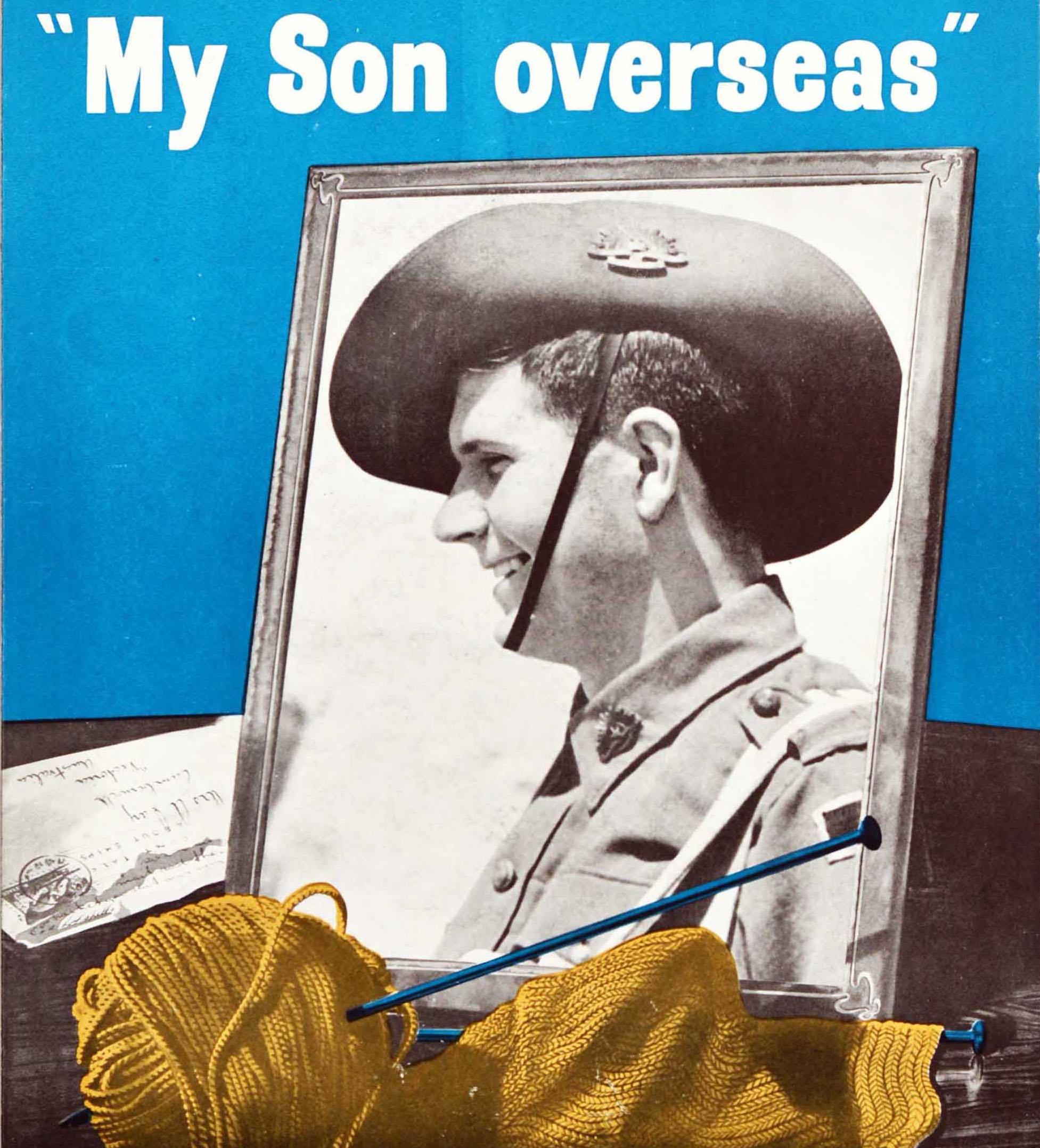 Original vintage World War Two recruitment propaganda poster for the Second Australian Imperial Force (2nd AIF; 1939-1947) voluntary military forces - Make her proud to say 'My Son overseas' Join the AIF - featuring a photograph of a smiling soldier