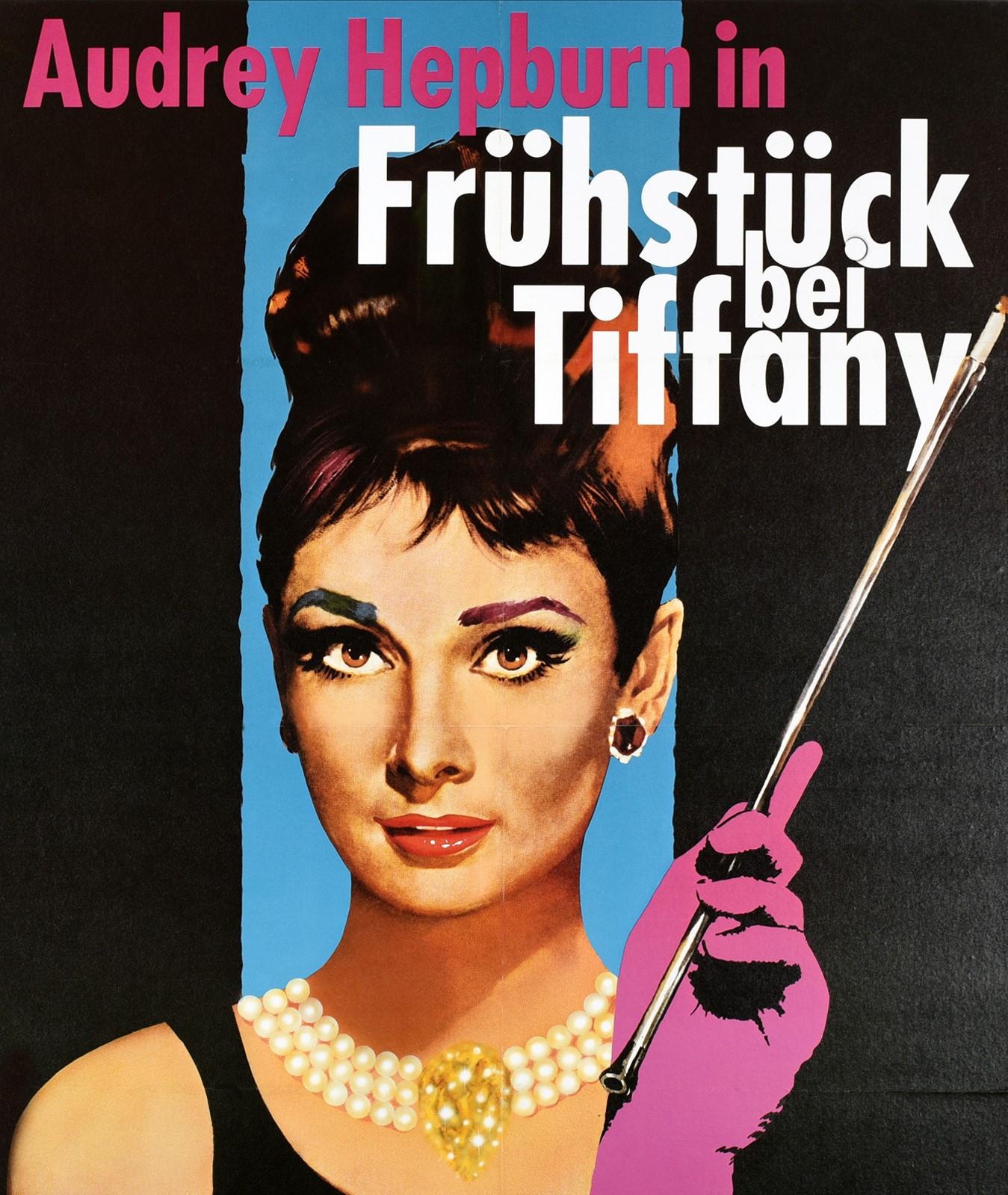 Original vintage movie poster for the 1980s German re-release of the 1961 classic film Breakfast at Tiffany's directed by Blake Edwards and starring Audrey Hepburn, George Peppard, Patricia Neal, Buddy Ebsen, Martin Balsam and Mickey Rooney. Great