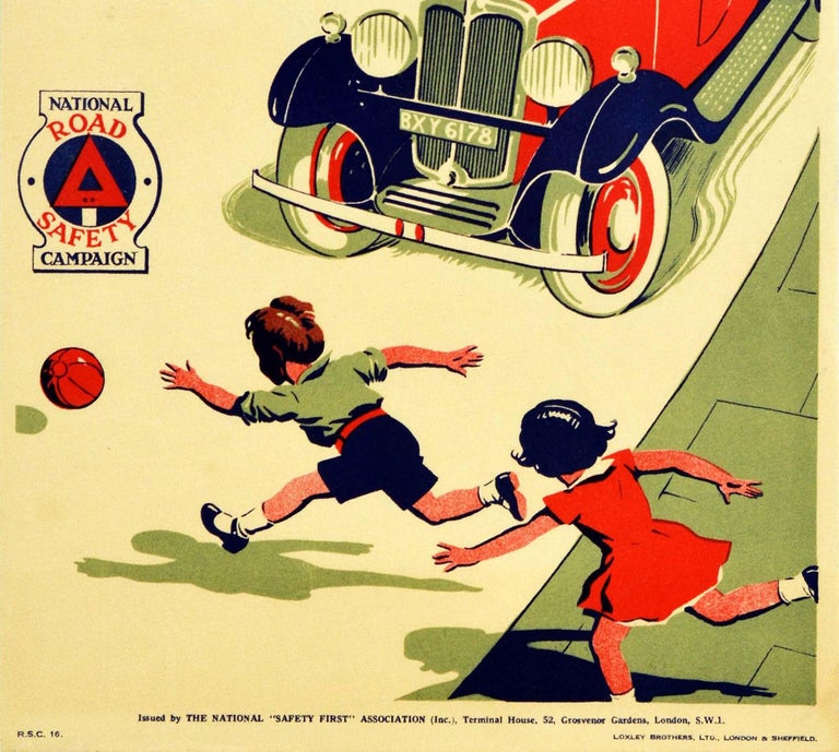 Art Deco Original Vintage Road Safety Poster Avoid Accidents Classic Car Children Warning For Sale