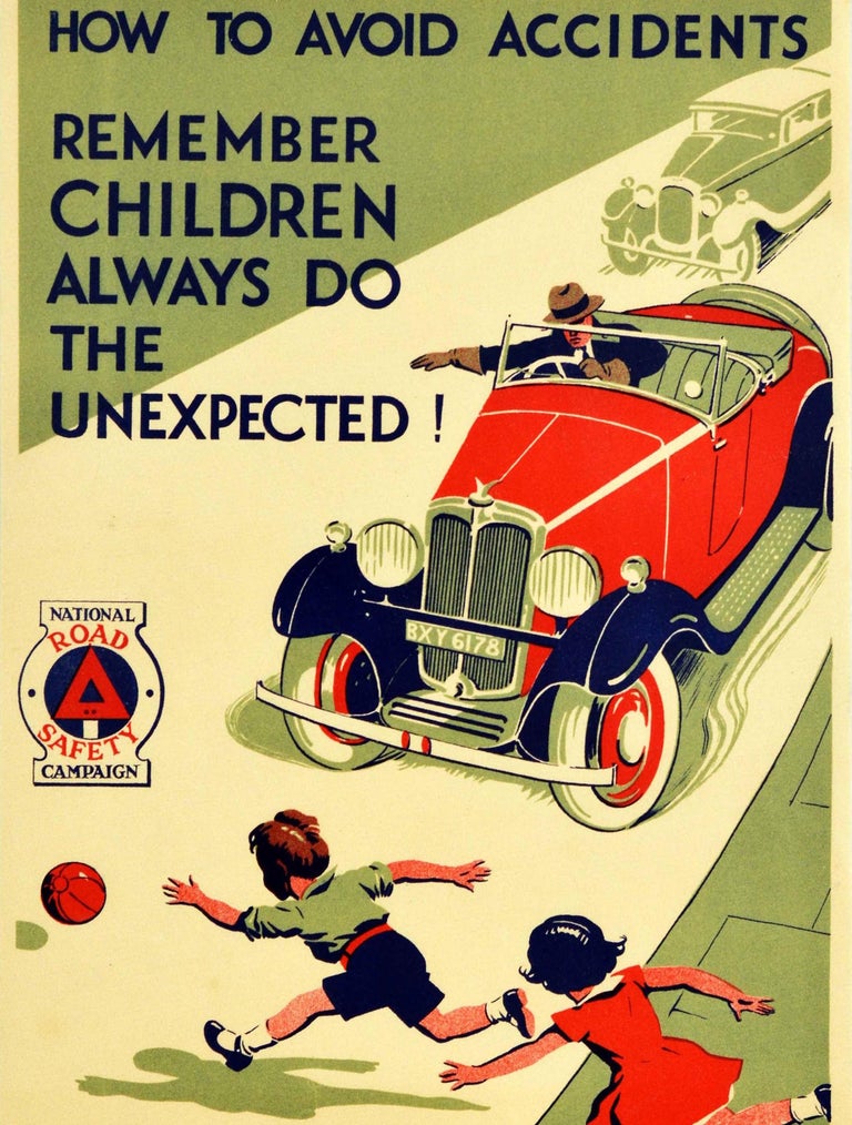 British Original Vintage Road Safety Poster Avoid Accidents Classic Car Children Warning For Sale