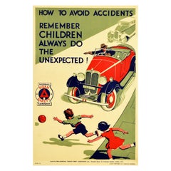 Original Vintage Road Safety Poster Avoid Accidents Classic Car Children Warning