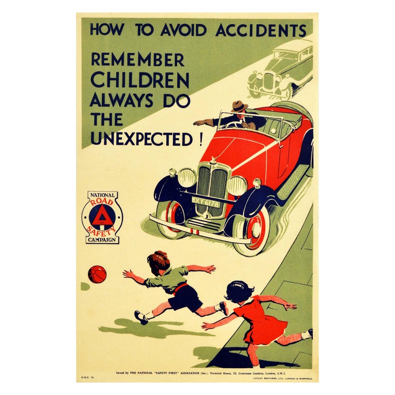 Original Vintage Road Safety Poster Avoid Accidents Classic Car Children Warning For Sale