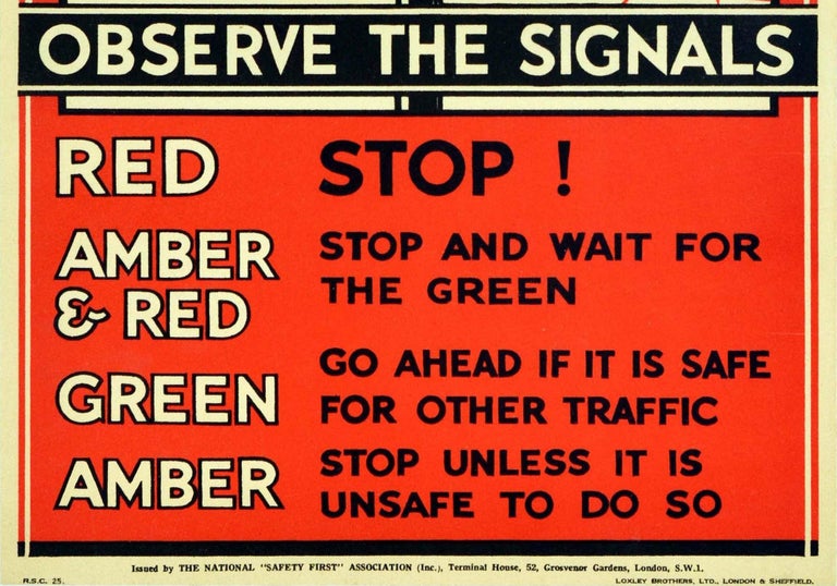 British Original Vintage Road Safety Poster Avoid Accidents Traffic Light Signals Stop! For Sale