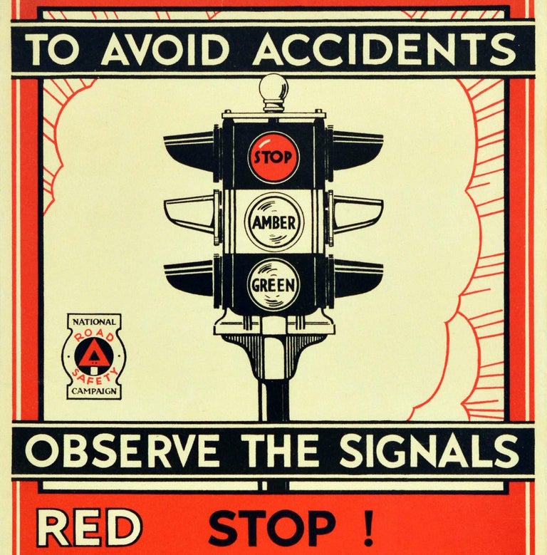 Original Vintage Road Safety Poster Avoid Accidents Traffic Light Signals Stop! In Good Condition For Sale In London, GB