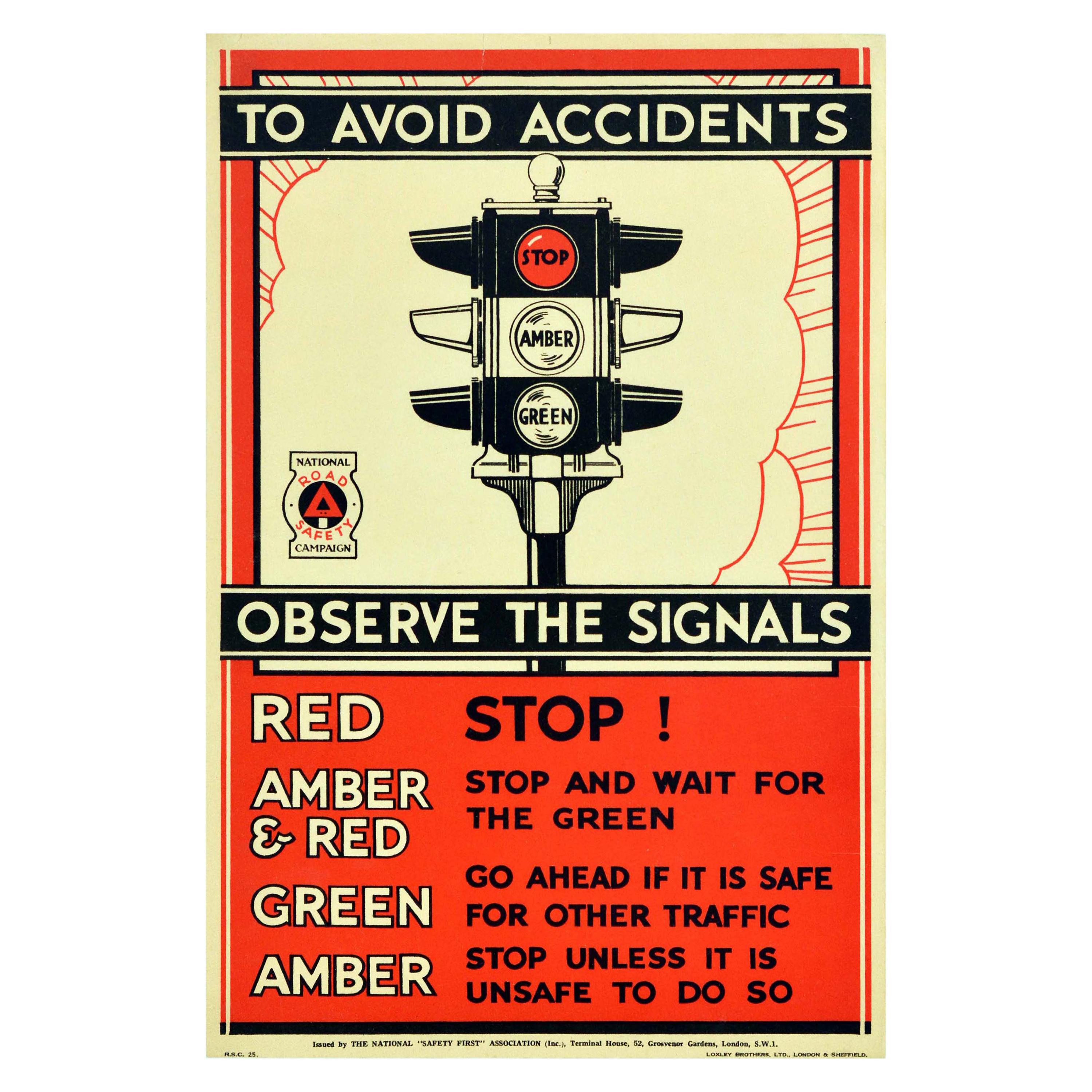 Original Vintage Road Safety Poster Avoid Accidents Traffic Light Signals Stop!