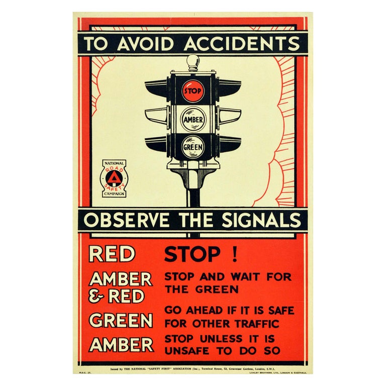 Original Vintage Road Safety Poster Avoid Accidents Traffic Light Signals Stop! For Sale