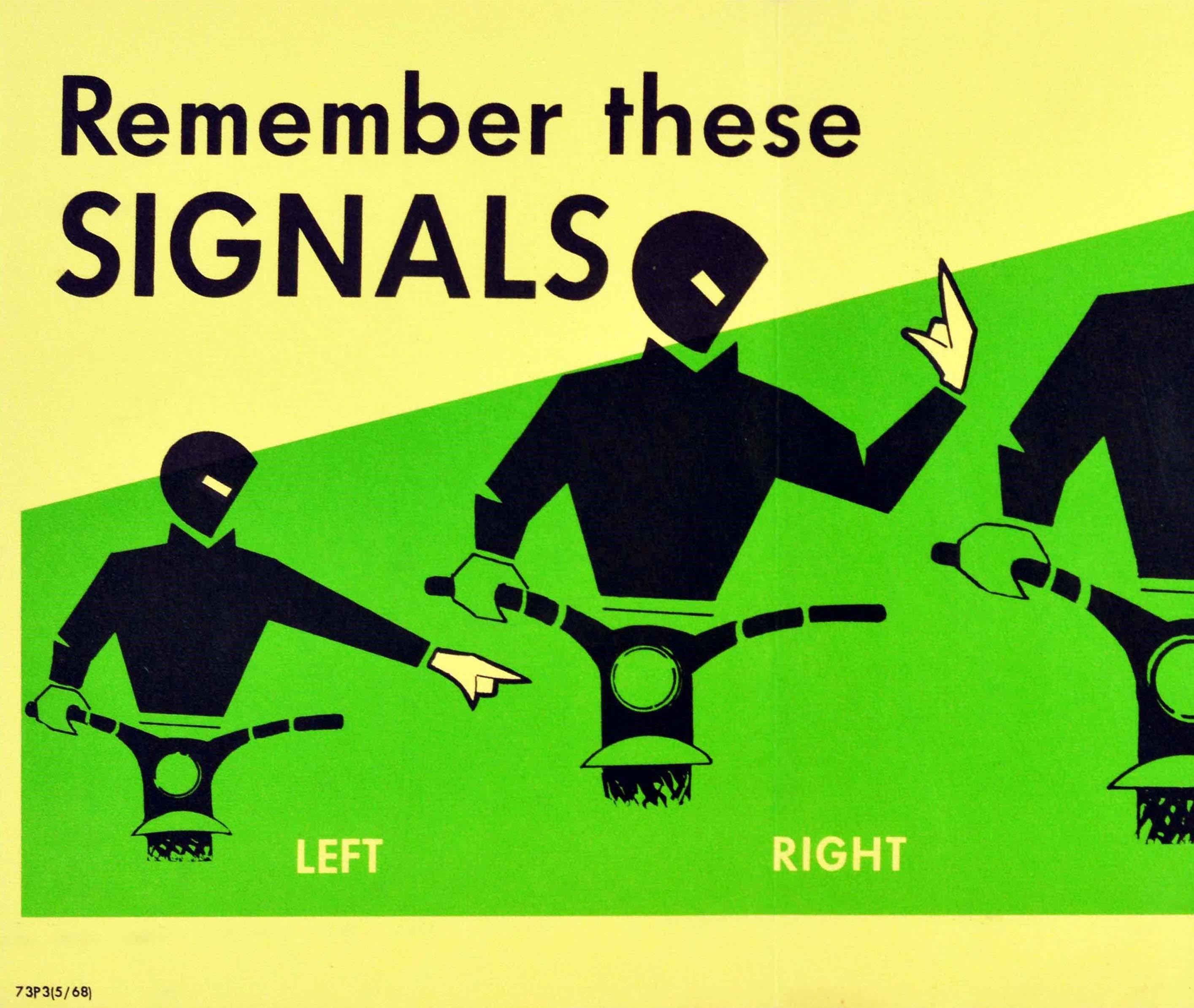 Original vintage road safety propaganda poster issued by the New York State Department of Motor Vehicles with the bold text above and below each image - Remember these Signals Left Right Stop - featuring a great design showing stylised artwork of a