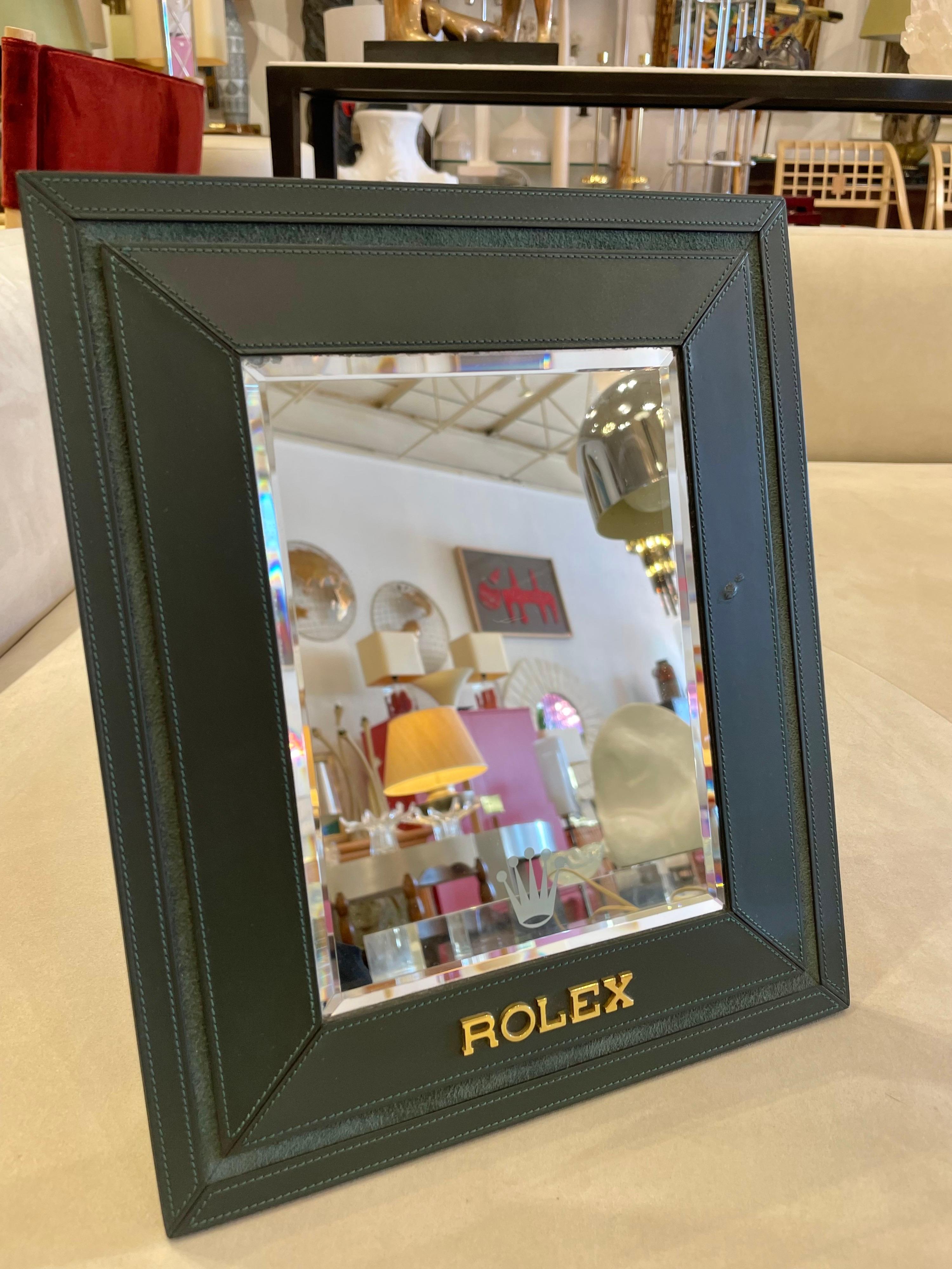 Original Vintage Rolex Swiss-Made Green Stitched Leather Display Mirror For Sale 3