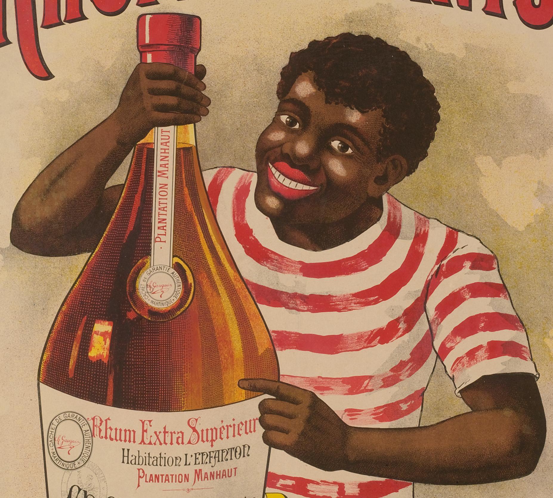 Original Vintage Poster-Rhum of Martinique-Antilles, 1900

The poster features a young black (African or Caribean boy) holding a bottle of rum in his hands.

Additional Details:

Materials and Techniques: Colour lithograph on paper

Size (w x h):