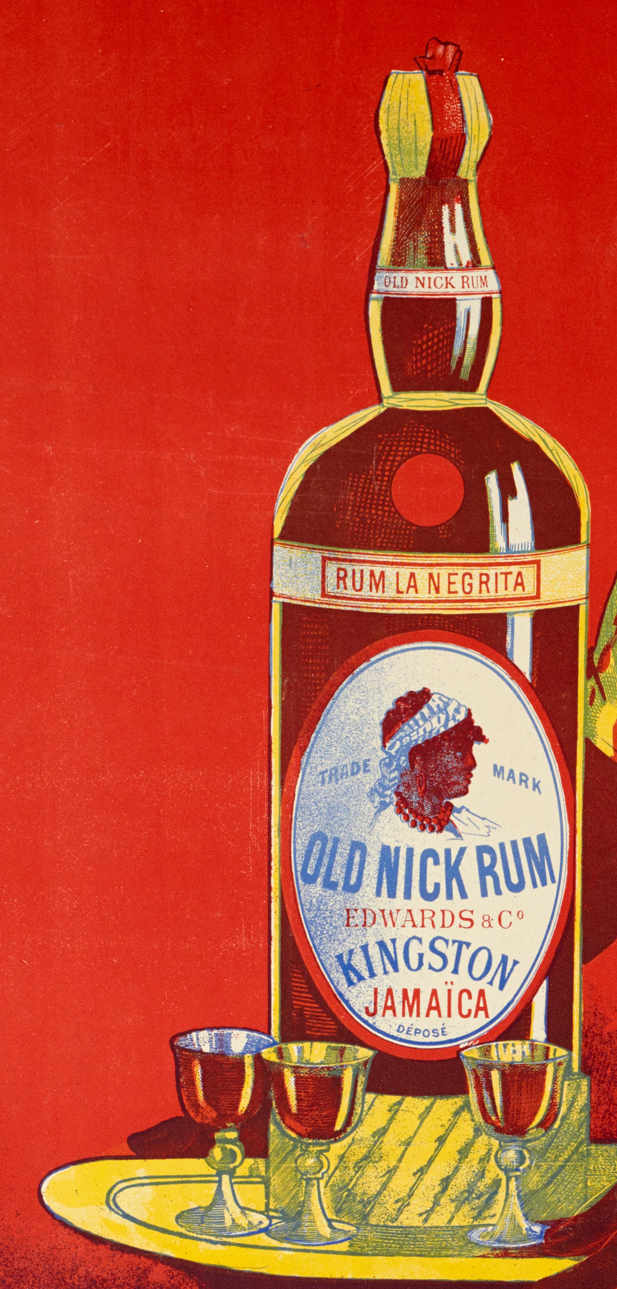 Belle Époque Affiche originale de Rum, Rhum Negrita Old Nick, Antiquités des Indes occidentales, 1899 en vente